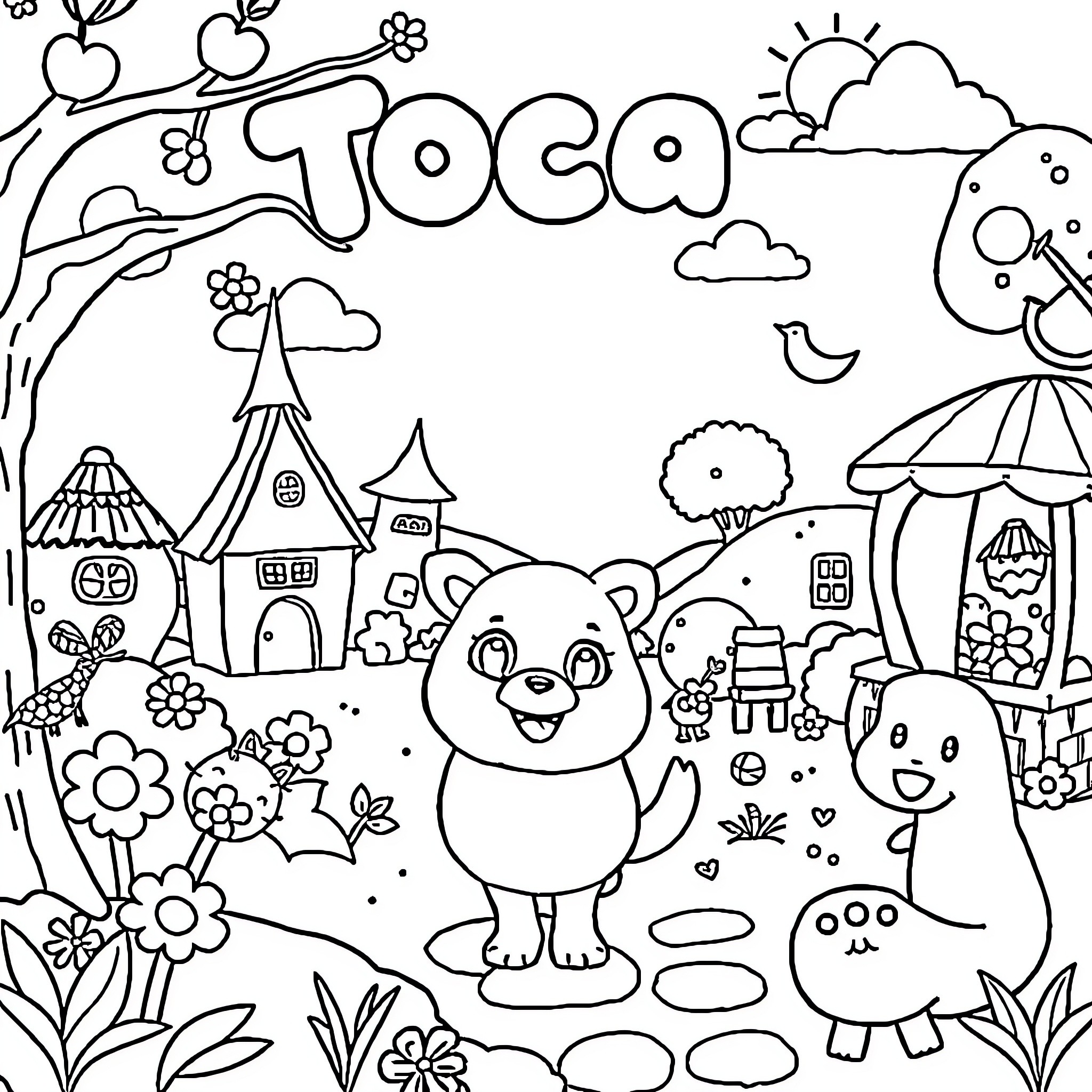 Toca Boca characters in a whimsical garden scene Coloring Page (free black-and-white line drawing printable PDF for all, from beginners to advanced learners, including children, teens, adults, and seniors)