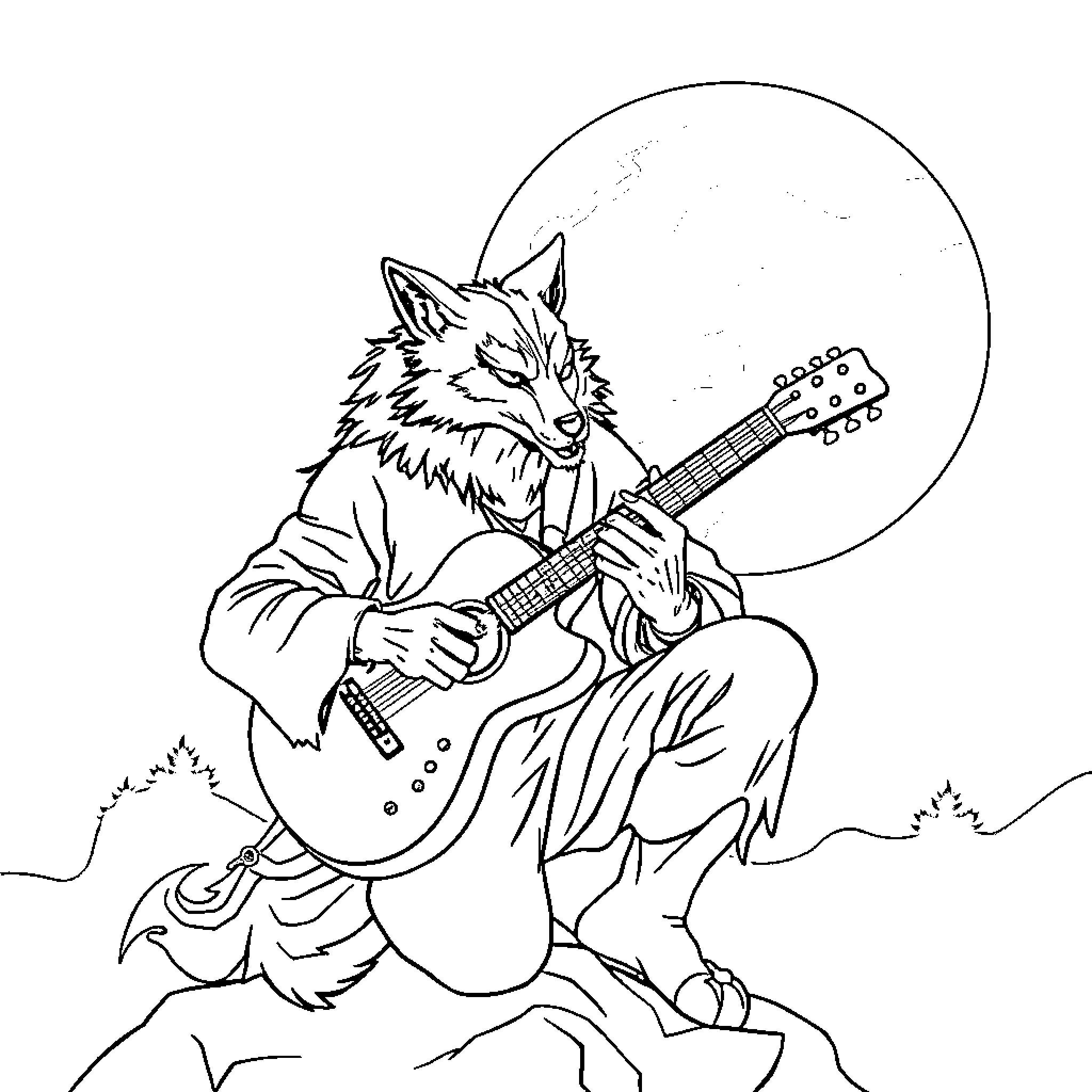 Hombre Lobo playing guitar under the moonlight Coloring Page (free black-and-white line drawing printable PDF for all, from beginners to advanced learners, including children, teens, adults, and seniors)