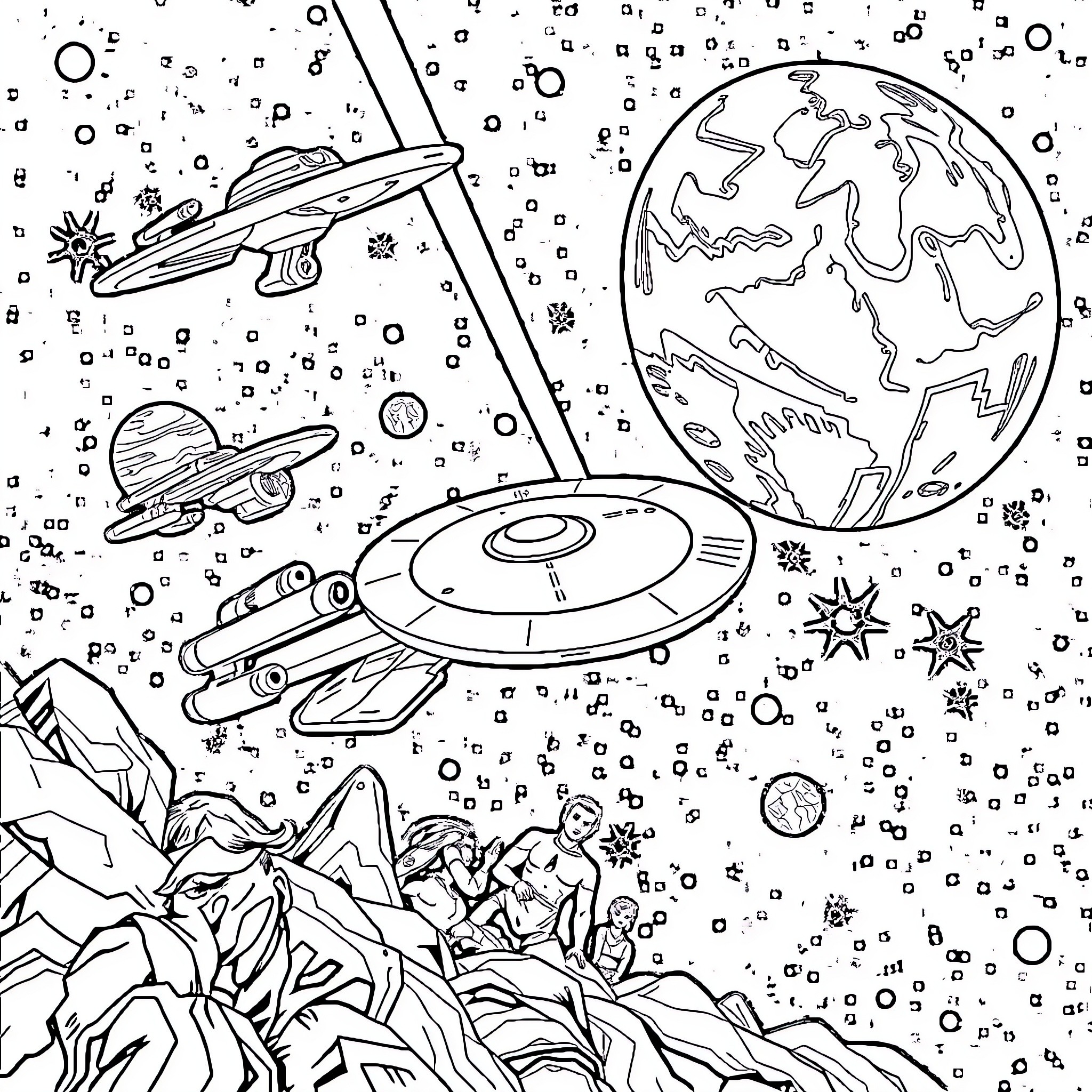 Star Trek: Intergalactic Space Exploration Odyssey Coloring Page (free black-and-white line drawing printable PDF for all, from beginners to advanced learners, including children, teens, adults, and seniors)