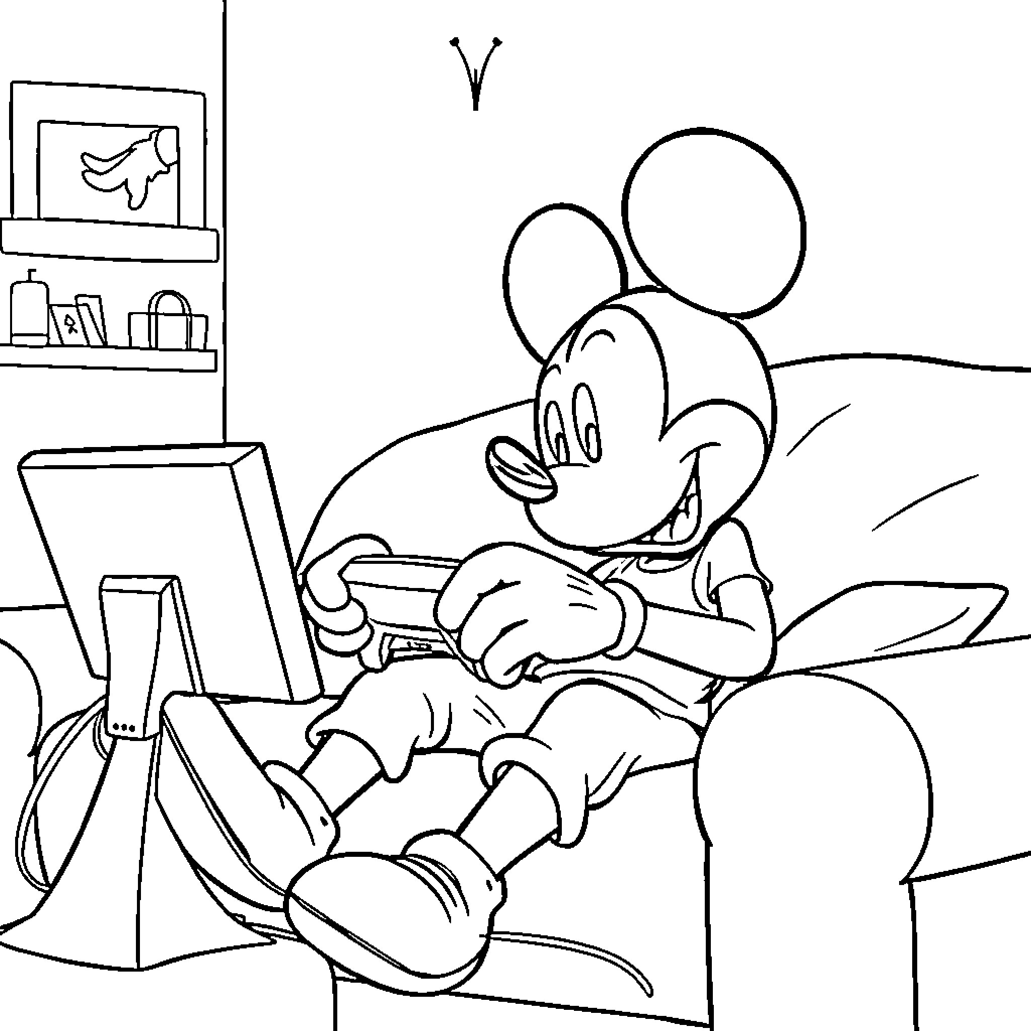 Mickey Relaxing and Sketching at Home Coloring Page (free black-and-white line drawing printable PDF for all, from beginners to advanced learners, including children, teens, adults, and seniors)
