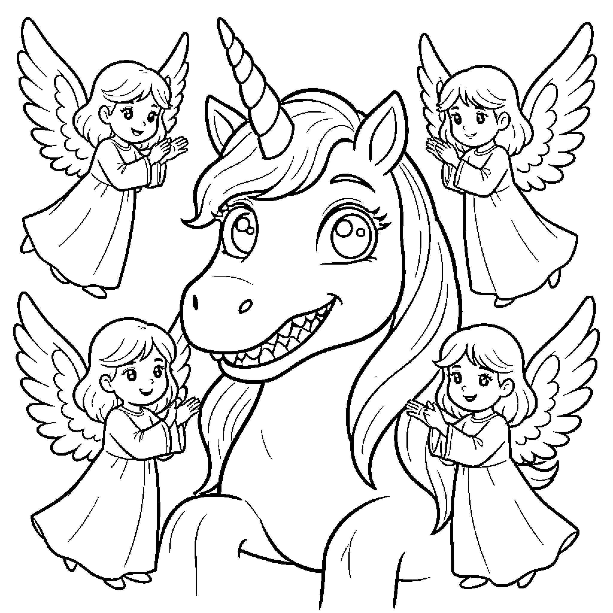 Licorne and Angelic Companions in Whimsical Scene Coloring Page (free black-and-white line drawing printable PDF for all, from beginners to advanced learners, including children, teens, adults, and seniors)