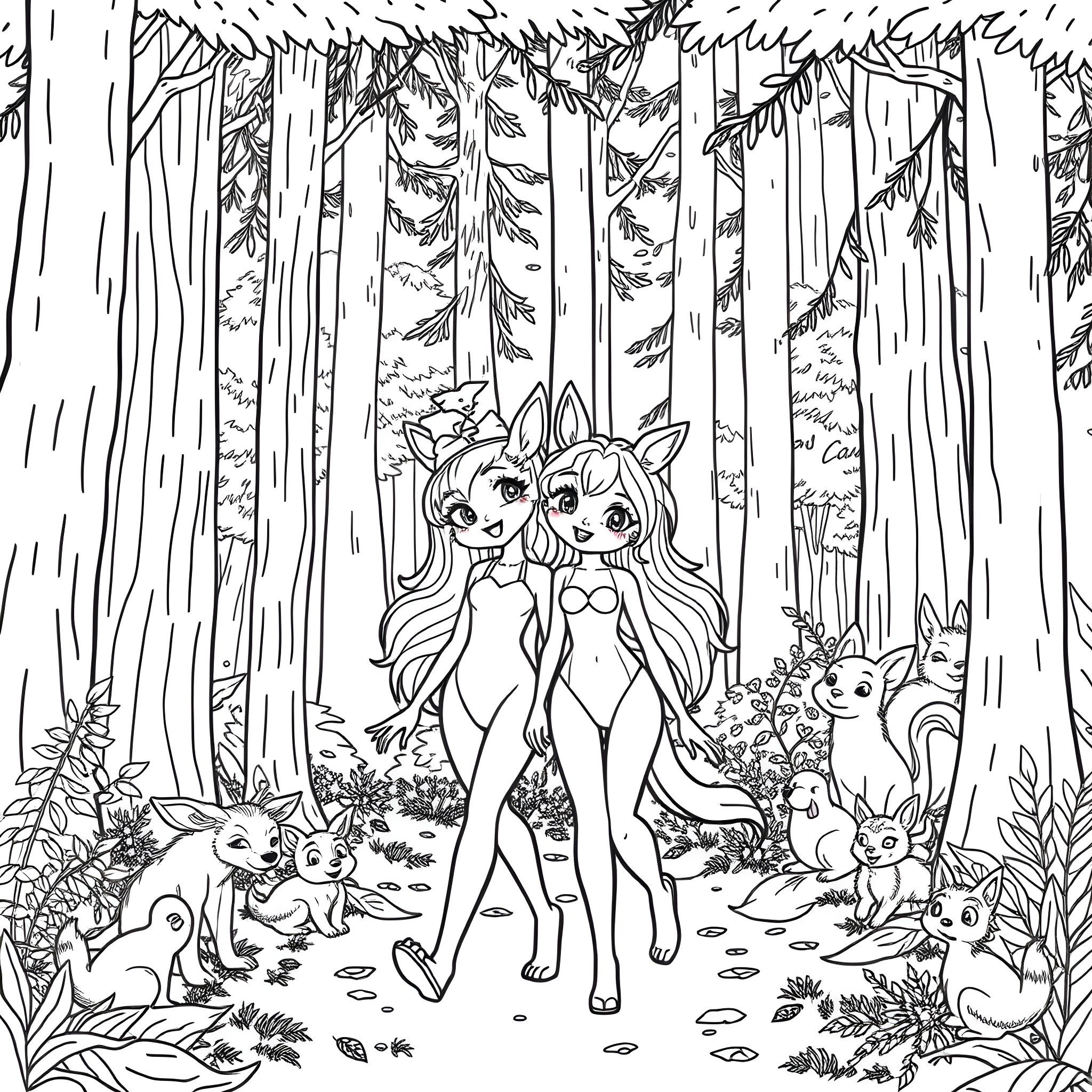 Glumanda's Enchanted Forest Adventure Coloring Page (free black-and-white line drawing printable PDF for all, from beginners to advanced learners, including children, teens, adults, and seniors)