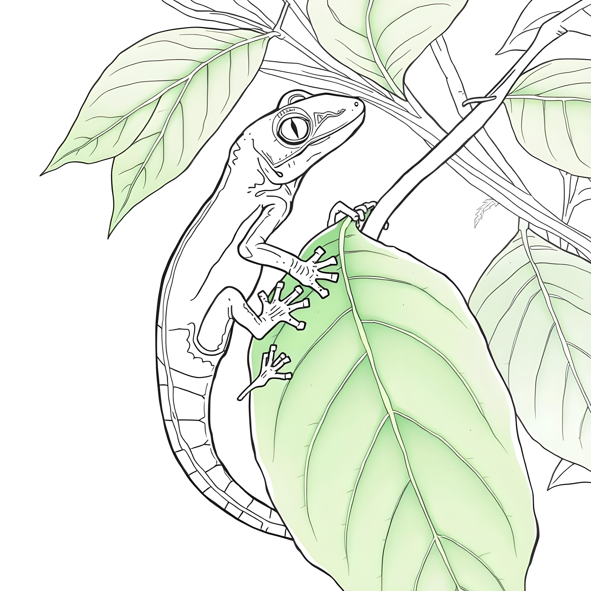 Tree Skink exploring lush foliage Coloring Page (free black-and-white line drawing printable PDF for all, from beginners to advanced learners, including children, teens, adults, and seniors)