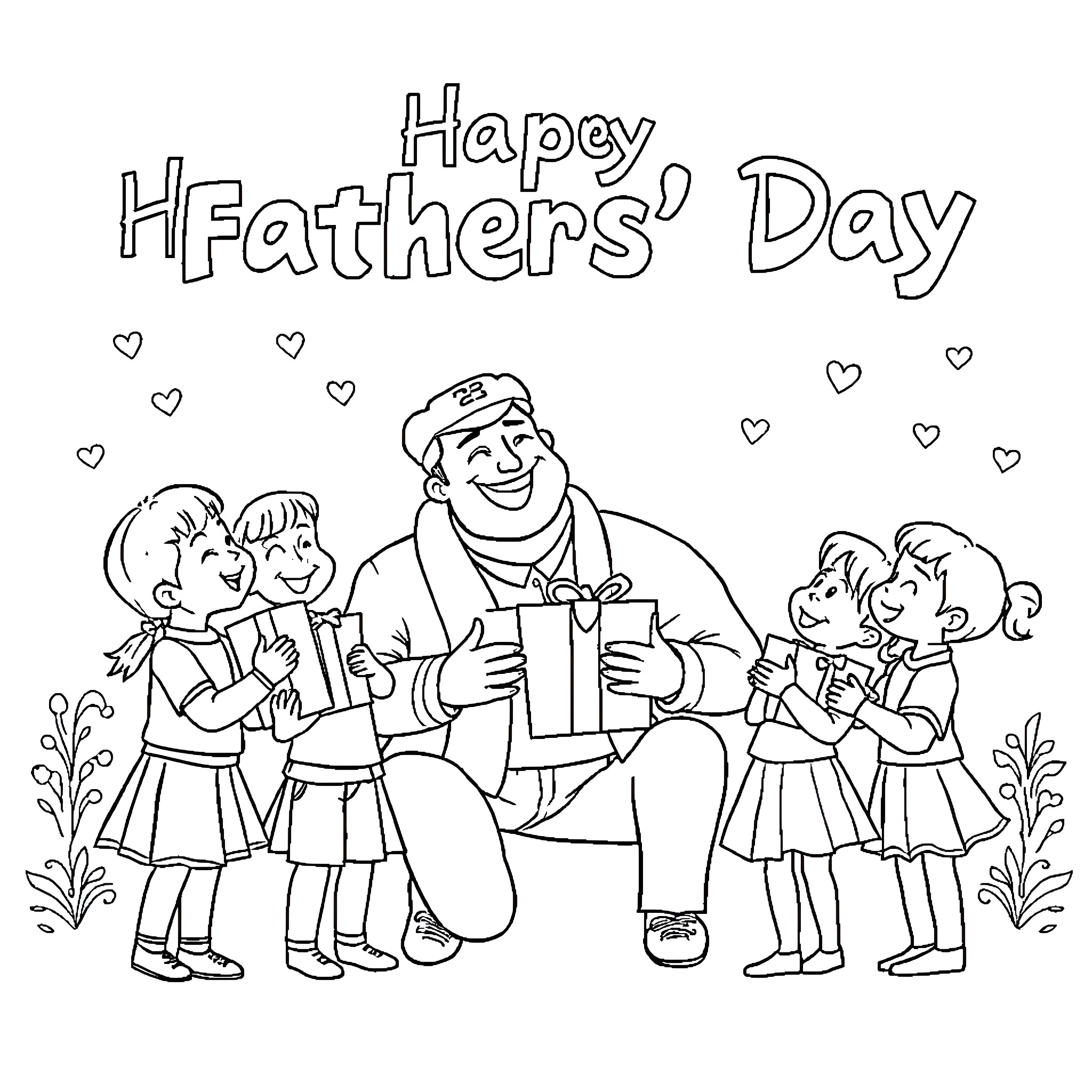 Father's Day with happy family giving gifts Coloring Page (free black-and-white line drawing printable PDF for all, from beginners to advanced learners, including children, teens, adults, and seniors)