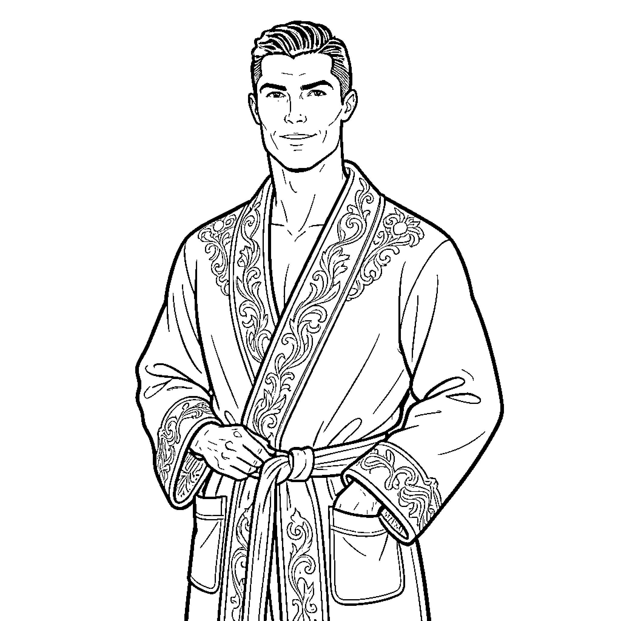 Cristiano in Elegant Robe with Ornate Patterns Coloring Page (free black-and-white line drawing printable PDF for all, from beginners to advanced learners, including children, teens, adults, and seniors)