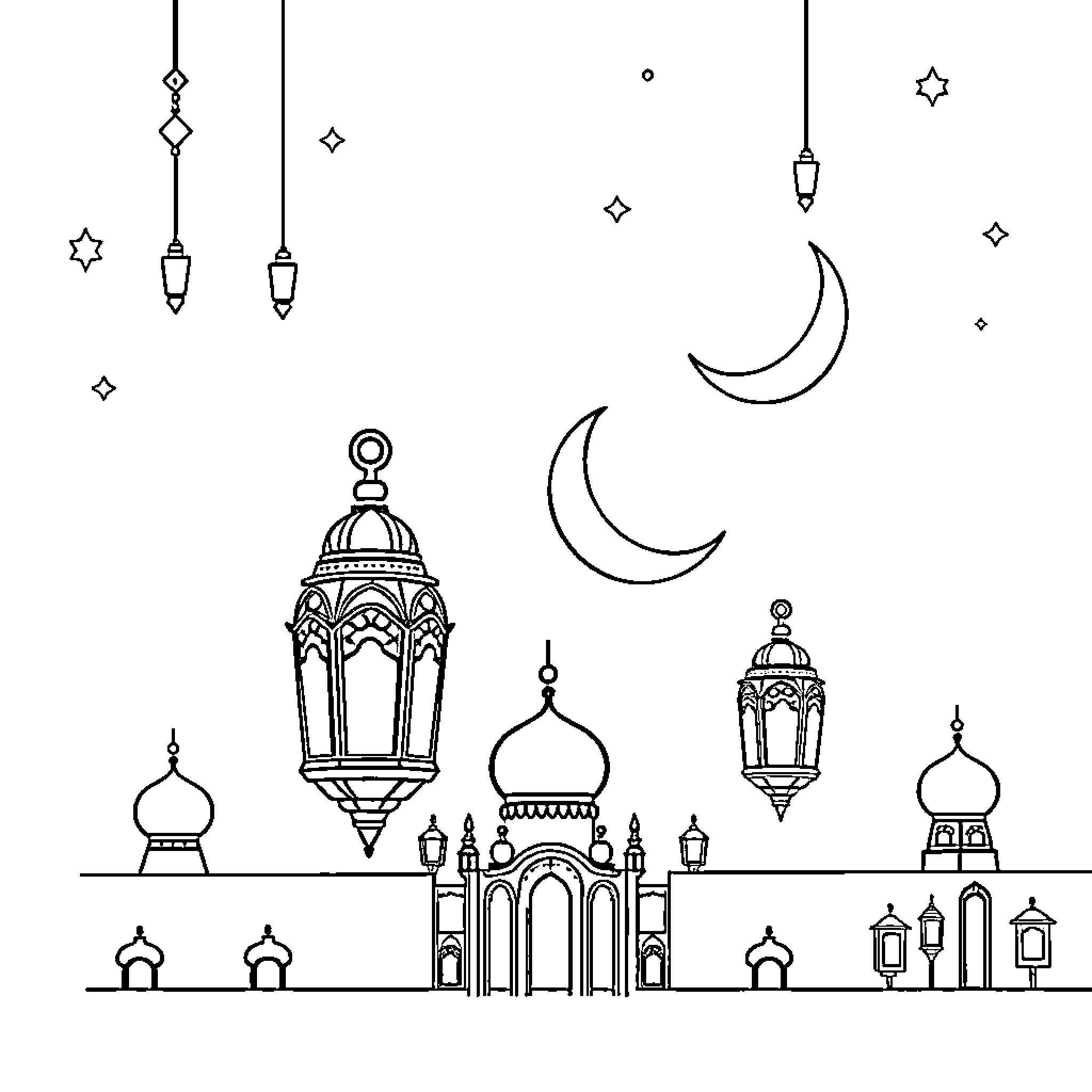 Ramadhan Lanterns and Crescent Moon Skyline Coloring Page (free black-and-white line drawing printable PDF for all, from beginners to advanced learners, including children, teens, adults, and seniors)
