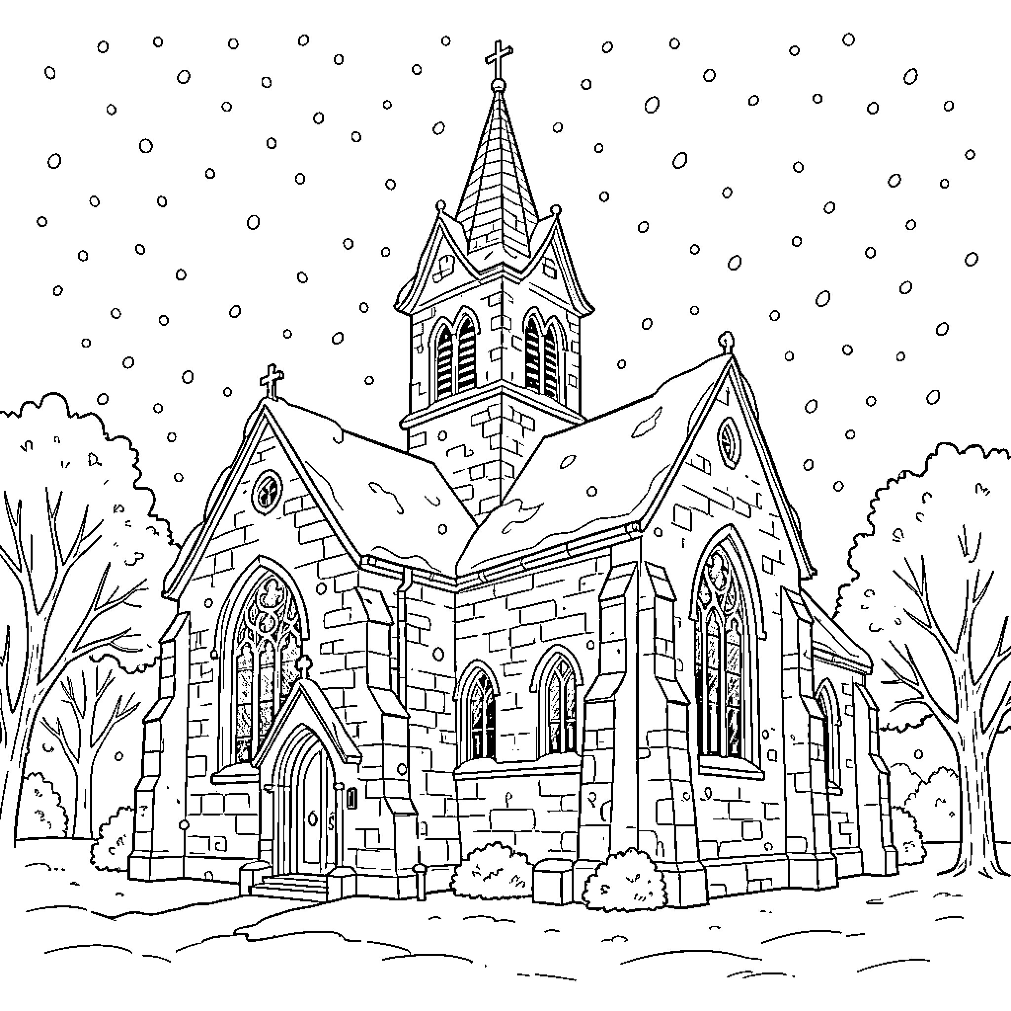 Church covered in snow during winter landscape Coloring Page (free black-and-white line drawing printable PDF for all, from beginners to advanced learners, including children, teens, adults, and seniors)