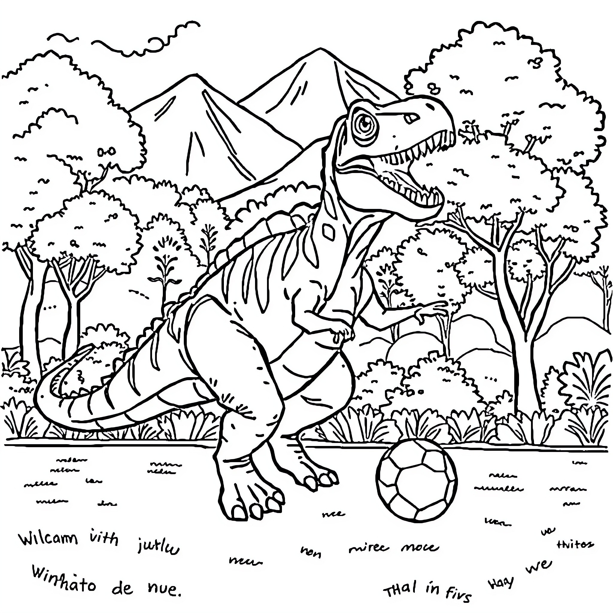 Dinosaur playing with soccer ball in natural landscape Coloring Page (free black-and-white line drawing printable PDF for all, from beginners to advanced learners, including children, teens, adults, and seniors)
