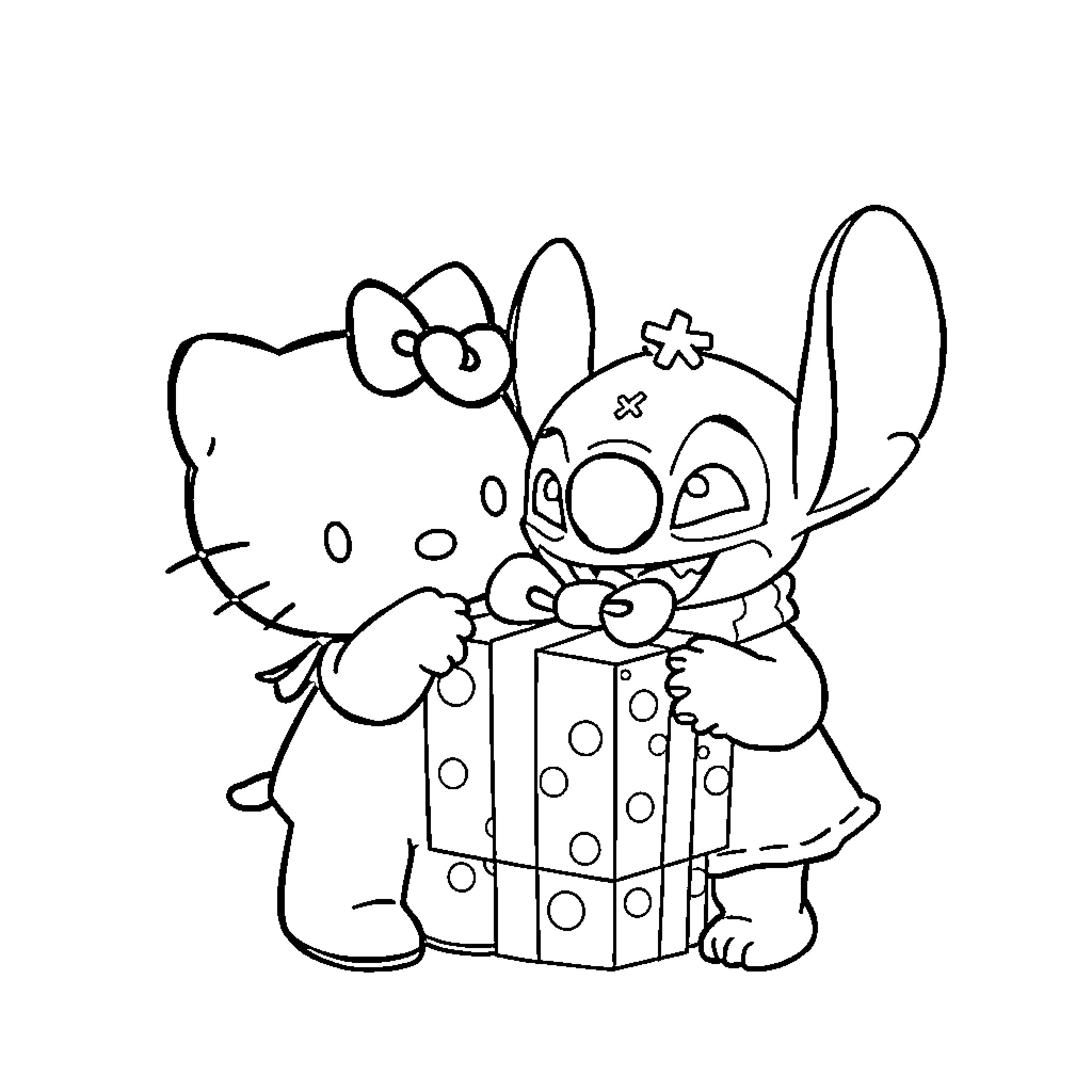 Hello Kitty and Stitch Sharing a Present Coloring Page (free black-and-white line drawing printable PDF for all, from beginners to advanced learners, including children, teens, adults, and seniors)