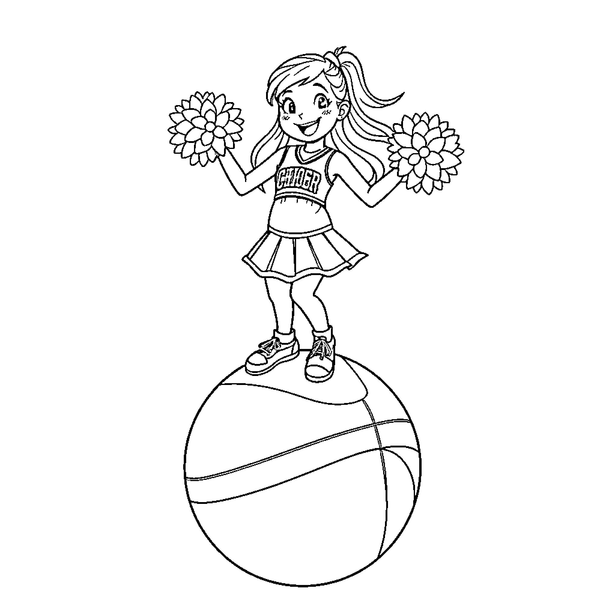 Cheerleader performing spirited dance on basketball Coloring Page (free black-and-white line drawing printable PDF for all, from beginners to advanced learners, including children, teens, adults, and seniors)