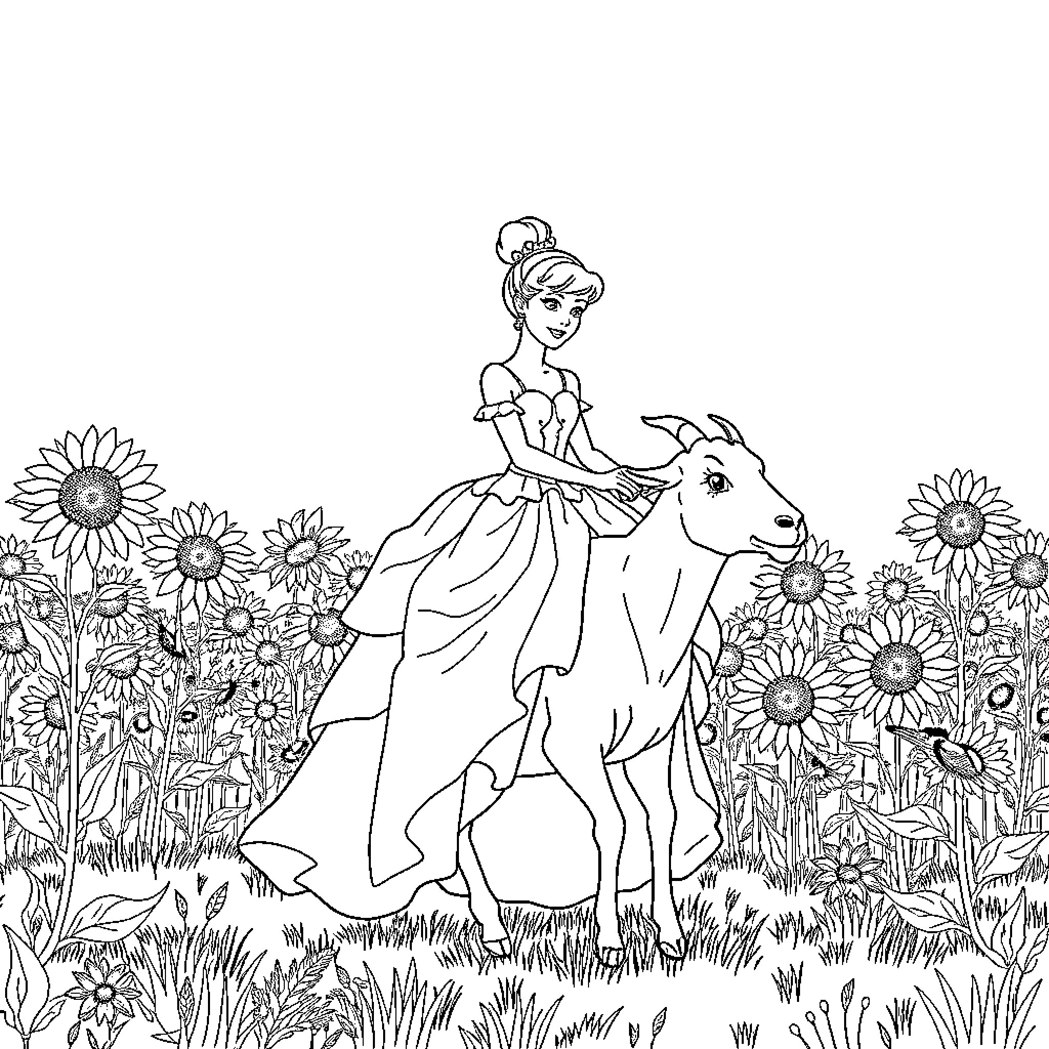 Cinderella riding on a goat in a sunflower field Coloring Page (free black-and-white line drawing printable PDF for all, from beginners to advanced learners, including children, teens, adults, and seniors)