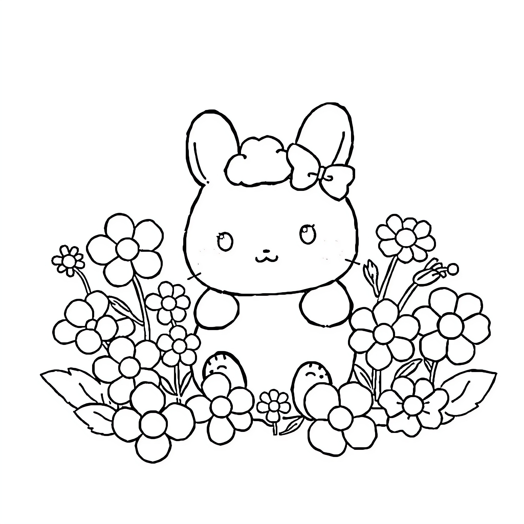 Cinnamoroll in a flower garden Coloring Page (free black-and-white line drawing printable PDF for all, from beginners to advanced learners, including children, teens, adults, and seniors)