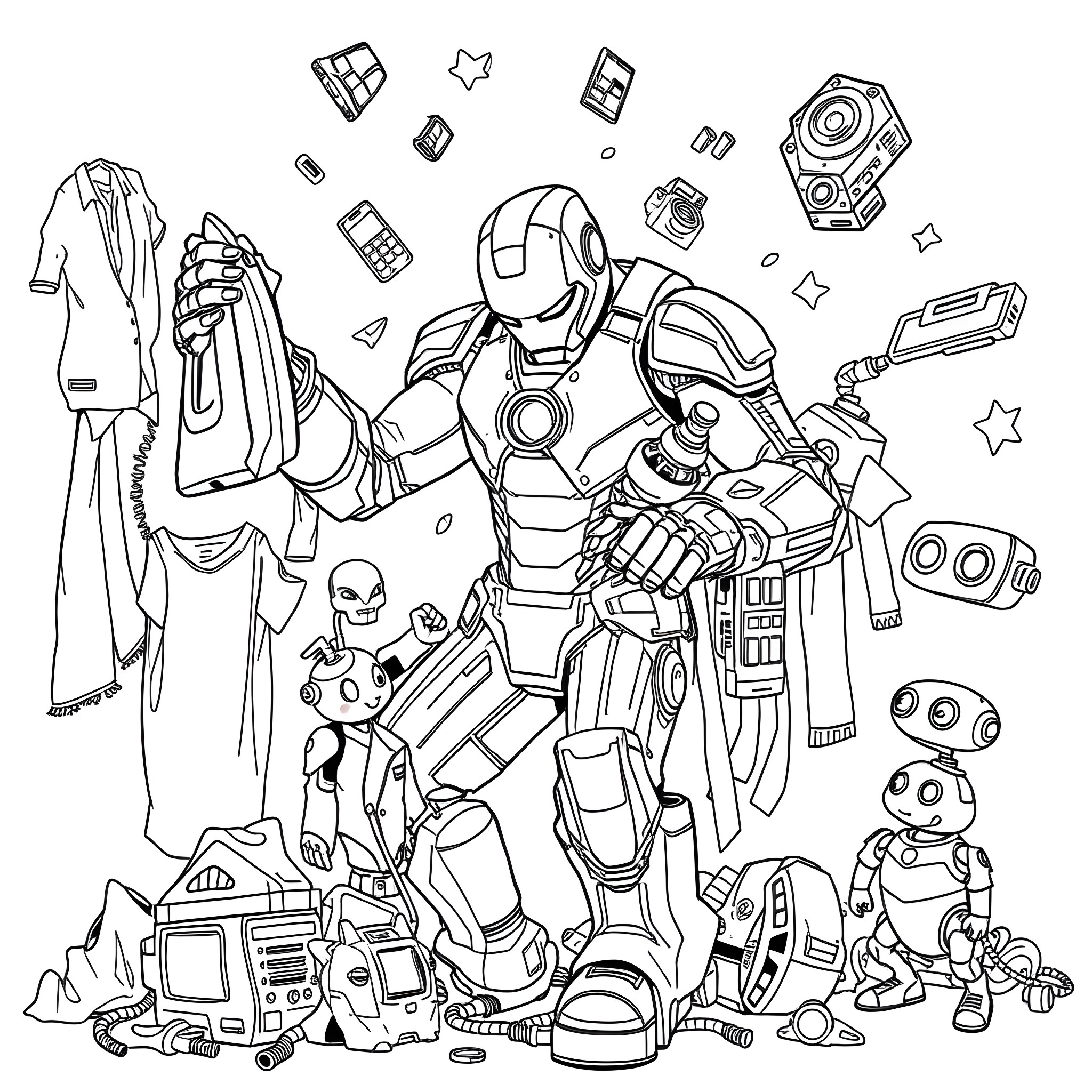 Iron Man surrounded by futuristic gadgets and gizmos Coloring Page (free black-and-white line drawing printable PDF for all, from beginners to advanced learners, including children, teens, adults, and seniors)
