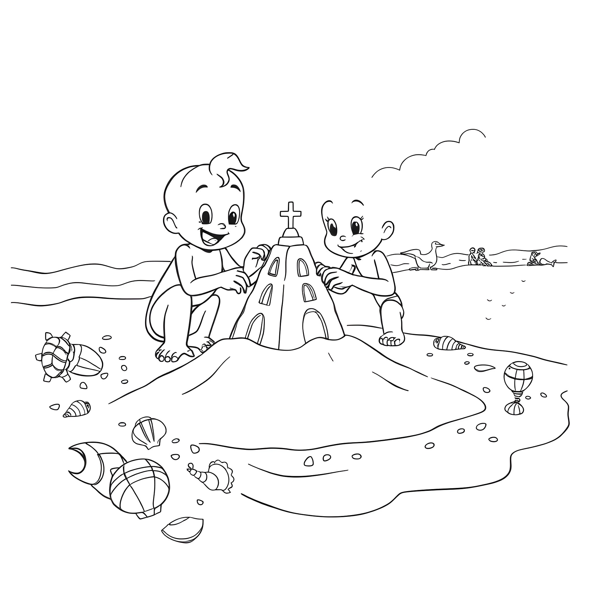 Bluey building a sandcastle with friend at the beach Coloring Page (free black-and-white line drawing printable PDF for all, from beginners to advanced learners, including children, teens, adults, and seniors)