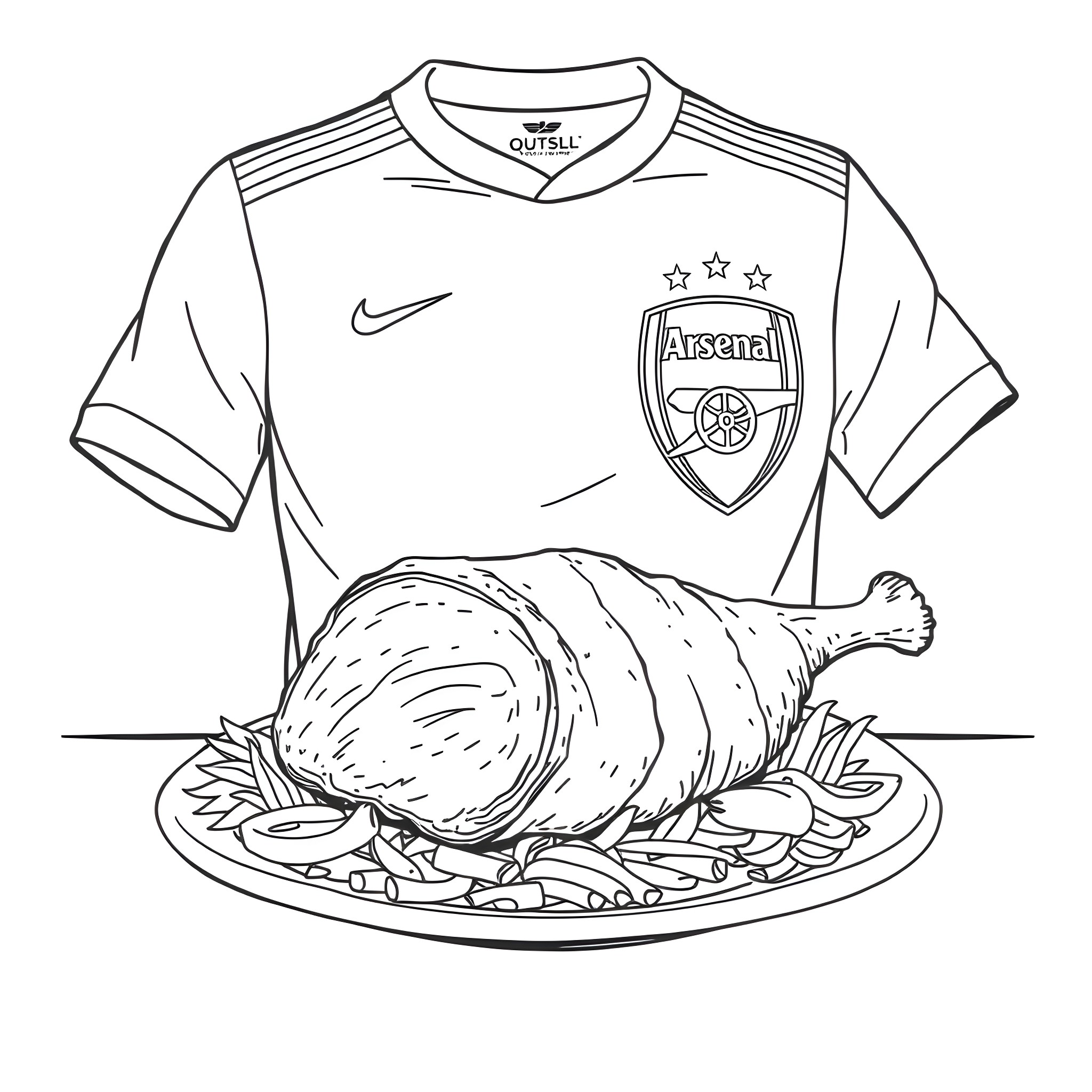 Lechon Kawali - Soccer Jersey and Roasted Pork Dish Coloring Page (free black-and-white line drawing printable PDF for all, from beginners to advanced learners, including children, teens, adults, and seniors)