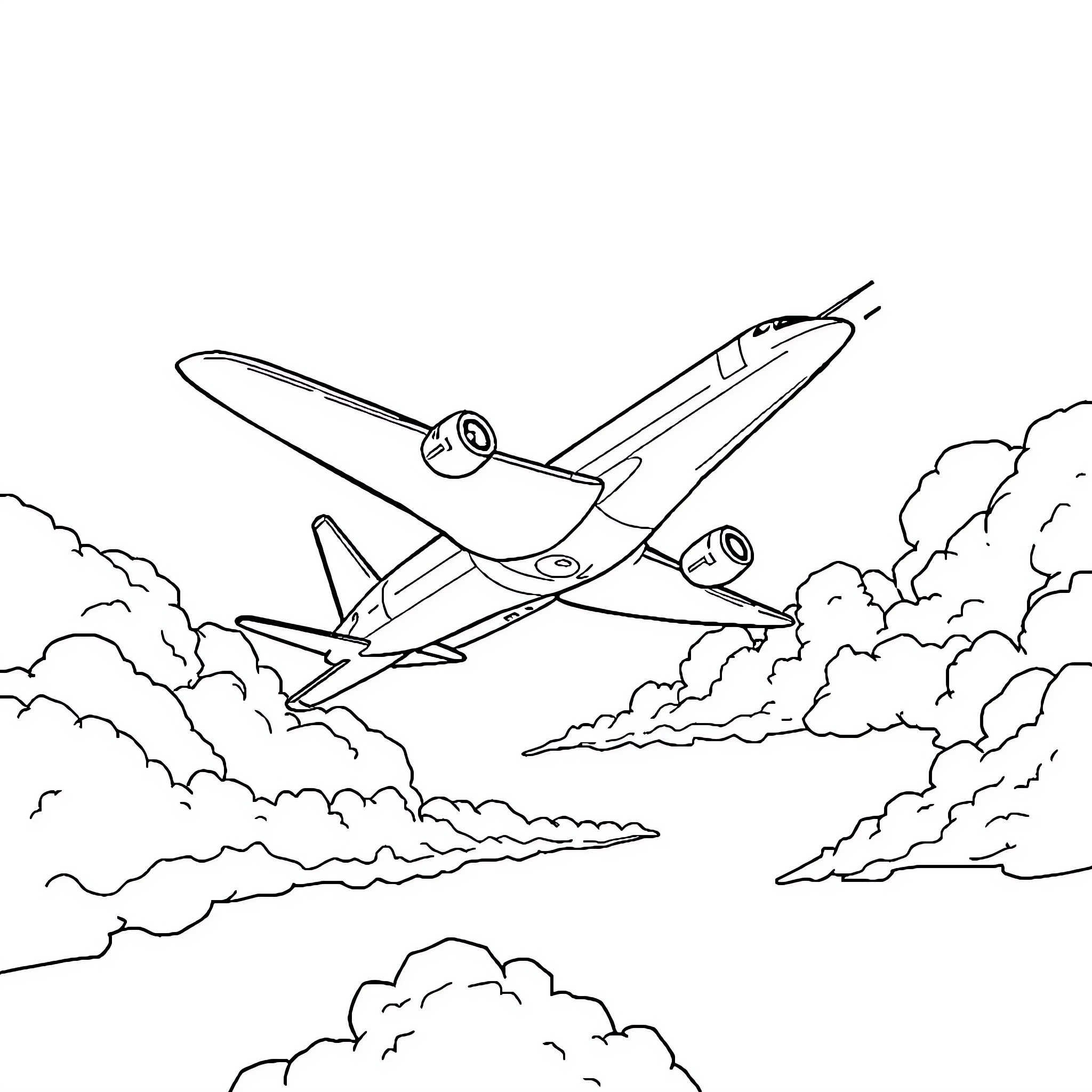 Airplane soaring through cloudy skies Coloring Page (free black-and-white line drawing printable PDF for all, from beginners to advanced learners, including children, teens, adults, and seniors)