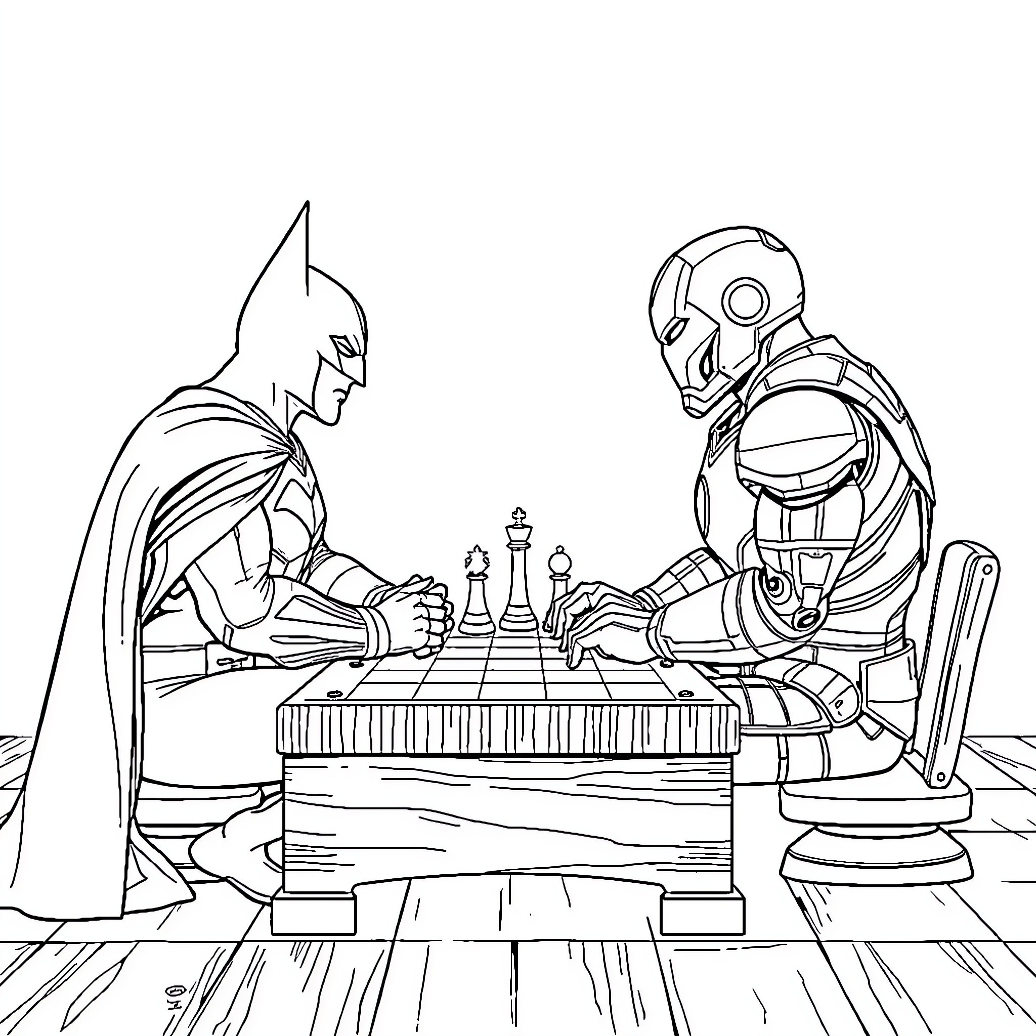 Batman and Iron Man play chess in a thoughtful moment Coloring Page (free black-and-white line drawing printable PDF for all, from beginners to advanced learners, including children, teens, adults, and seniors)