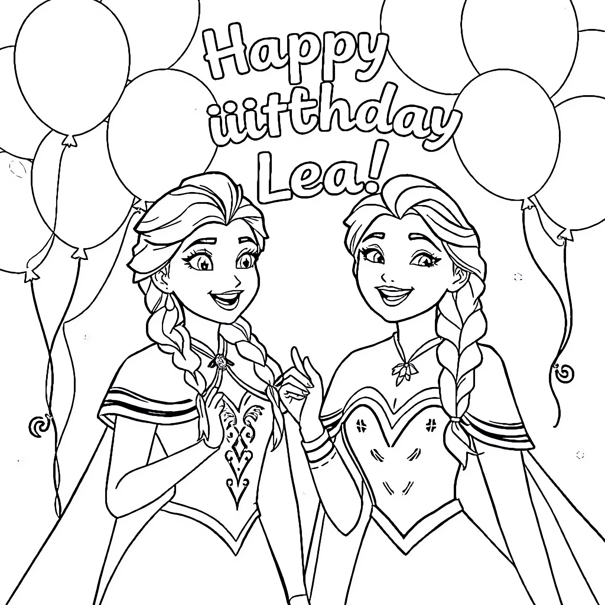 Elsa and Lea celebrate happy birthday together Coloring Page (free black-and-white line drawing printable PDF for all, from beginners to advanced learners, including children, teens, adults, and seniors)