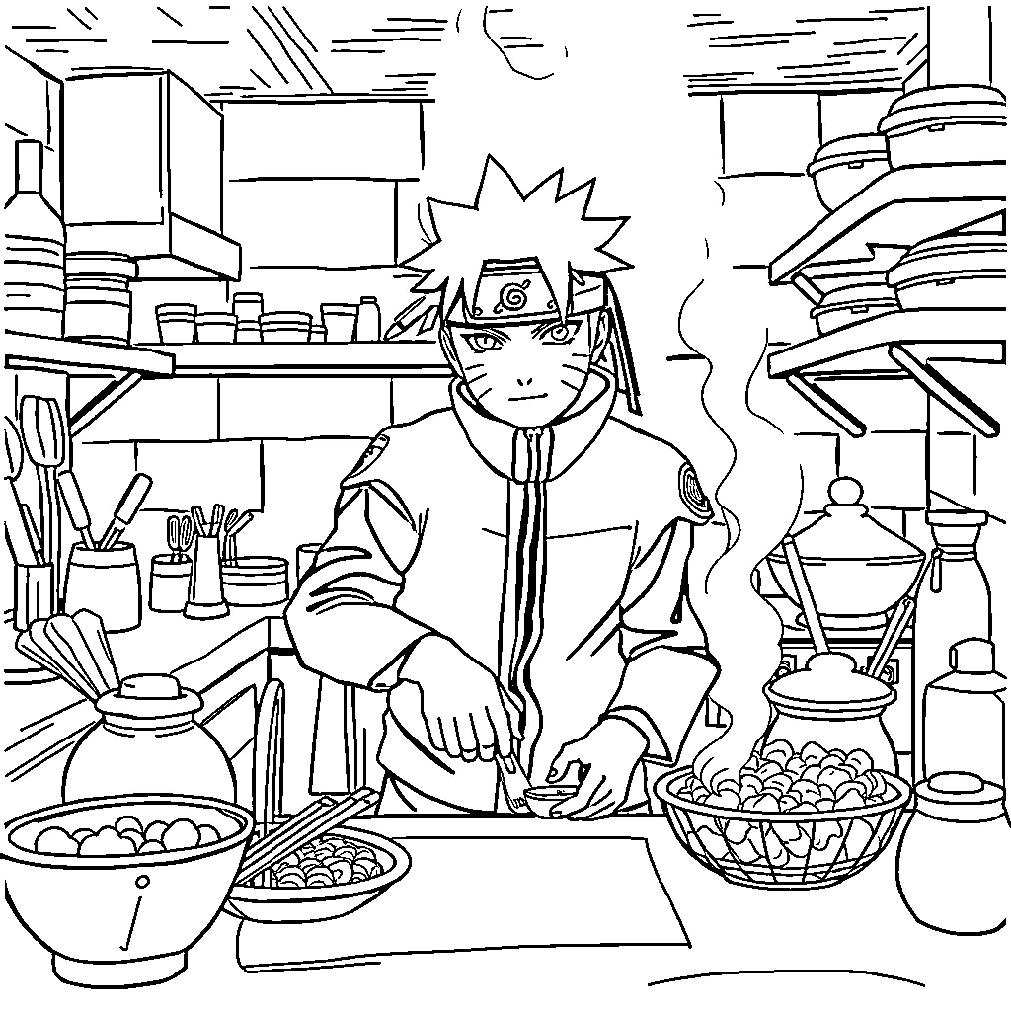 Naruto cooking in a cluttered kitchen Coloring Page (free black-and-white line drawing printable PDF for all, from beginners to advanced learners, including children, teens, adults, and seniors)