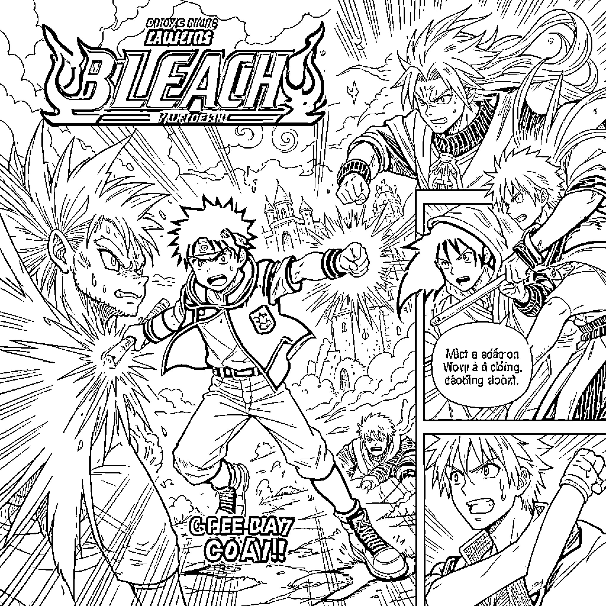 Bleach characters engaged in an intense battle scene Coloring Page (free black-and-white line drawing printable PDF for all, from beginners to advanced learners, including children, teens, adults, and seniors)