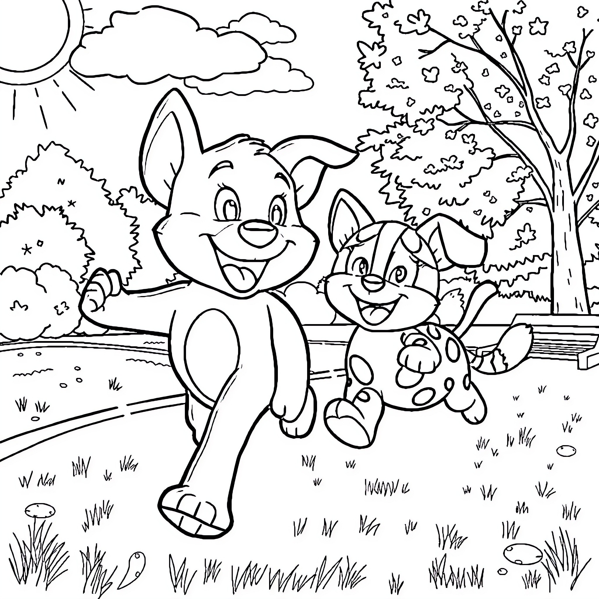 Bluey's Playful Outdoor Adventure Coloring Page (free black-and-white line drawing printable PDF for all, from beginners to advanced learners, including children, teens, adults, and seniors)