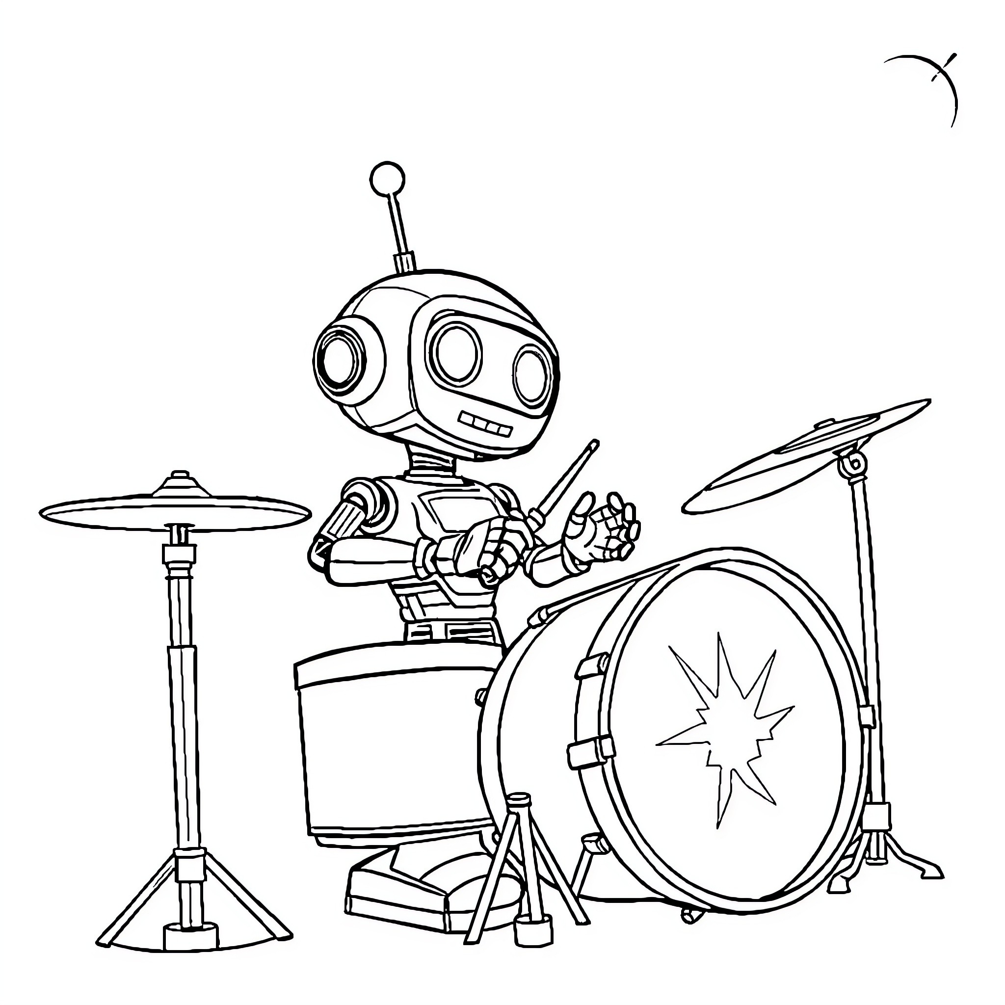Robot Drummer Playing Musical Instruments Coloring Page (free black-and-white line drawing printable PDF for all, from beginners to advanced learners, including children, teens, adults, and seniors)