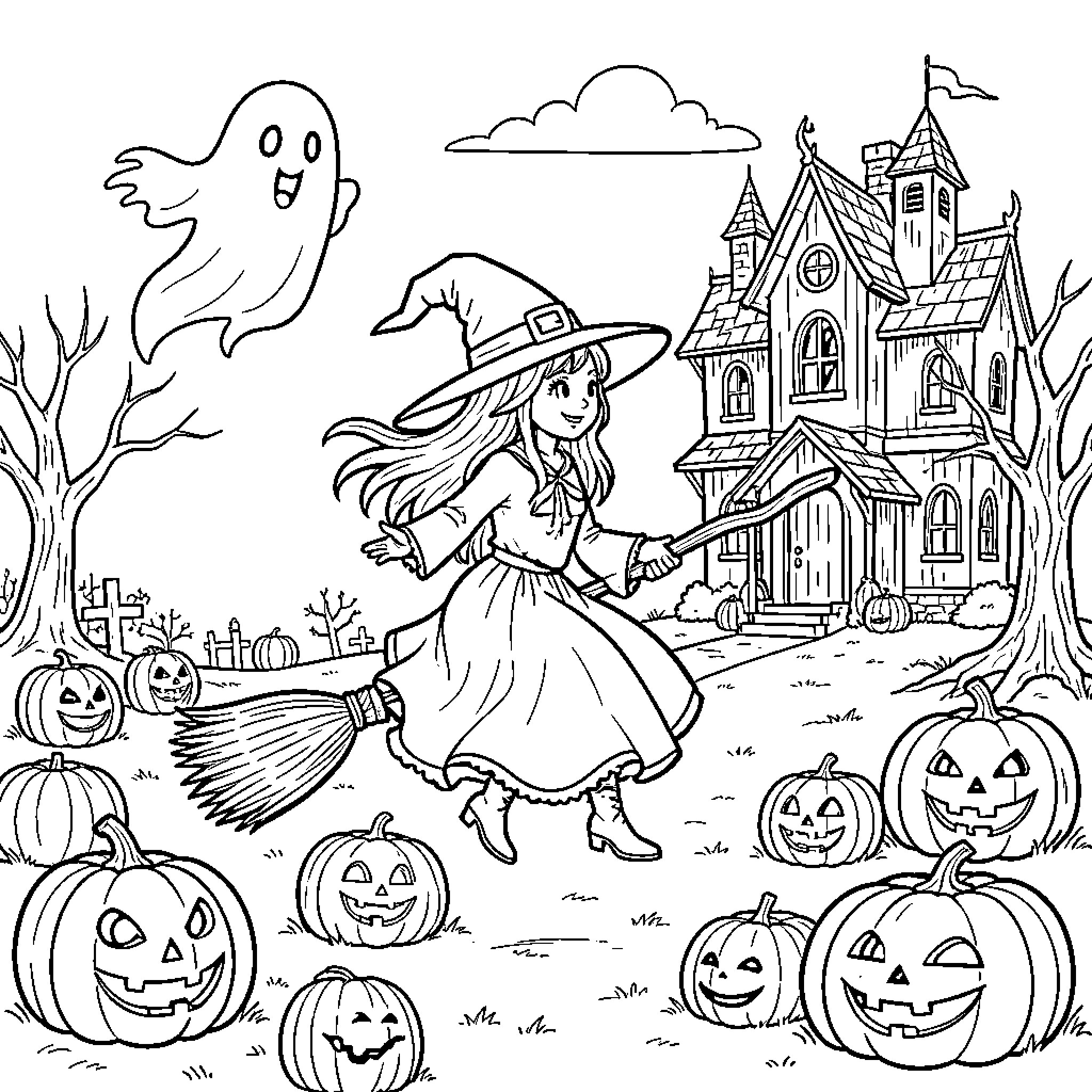 Halloween witch flying on broom near haunted house Coloring Page (free black-and-white line drawing printable PDF for all, from beginners to advanced learners, including children, teens, adults, and seniors)