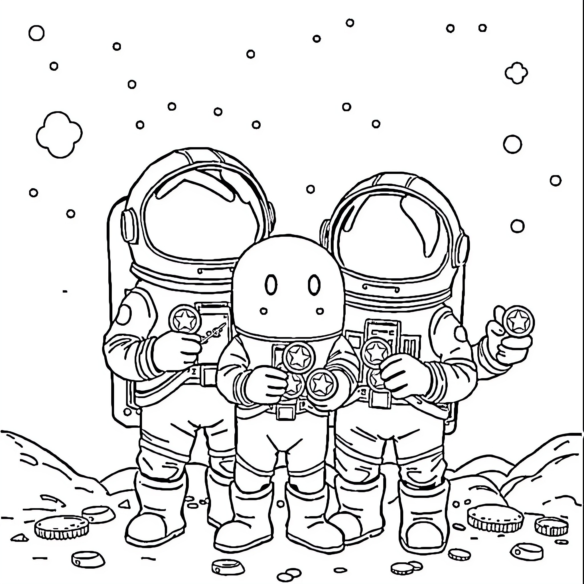 Among Us Astronauts Exploring Outer Space Coloring Page (free black-and-white line drawing printable PDF for all, from beginners to advanced learners, including children, teens, adults, and seniors)