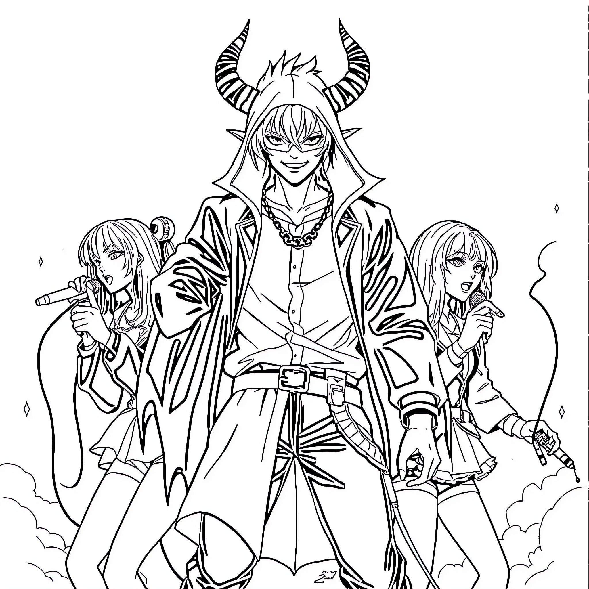 Demon Leaders Commanding Subordinates in Battle Coloring Page (free black-and-white line drawing printable PDF for all, from beginners to advanced learners, including children, teens, adults, and seniors)