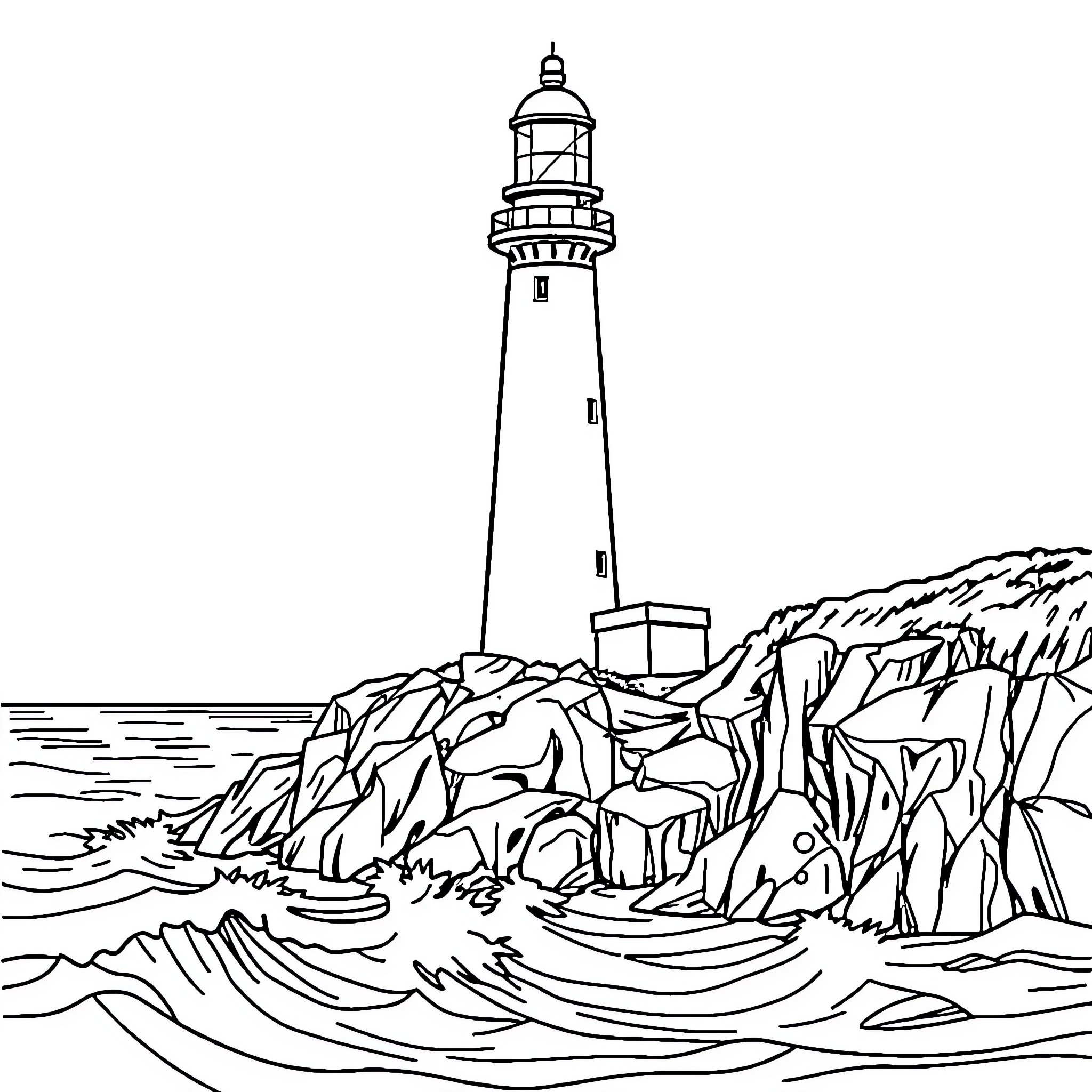 Lighthouse on rocky coastline amid rough waves Coloring Page (free black-and-white line drawing printable PDF for all, from beginners to advanced learners, including children, teens, adults, and seniors)