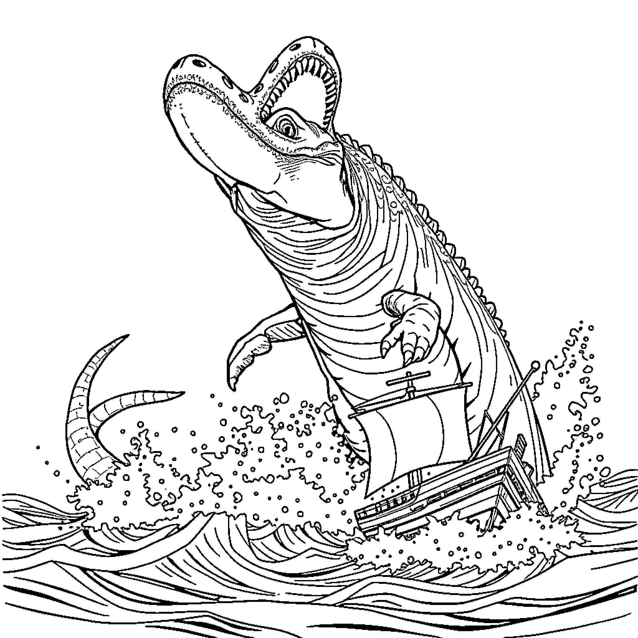 Mosasaurus attacking a ship at sea Coloring Page (free black-and-white line drawing printable PDF for all, from beginners to advanced learners, including children, teens, adults, and seniors)