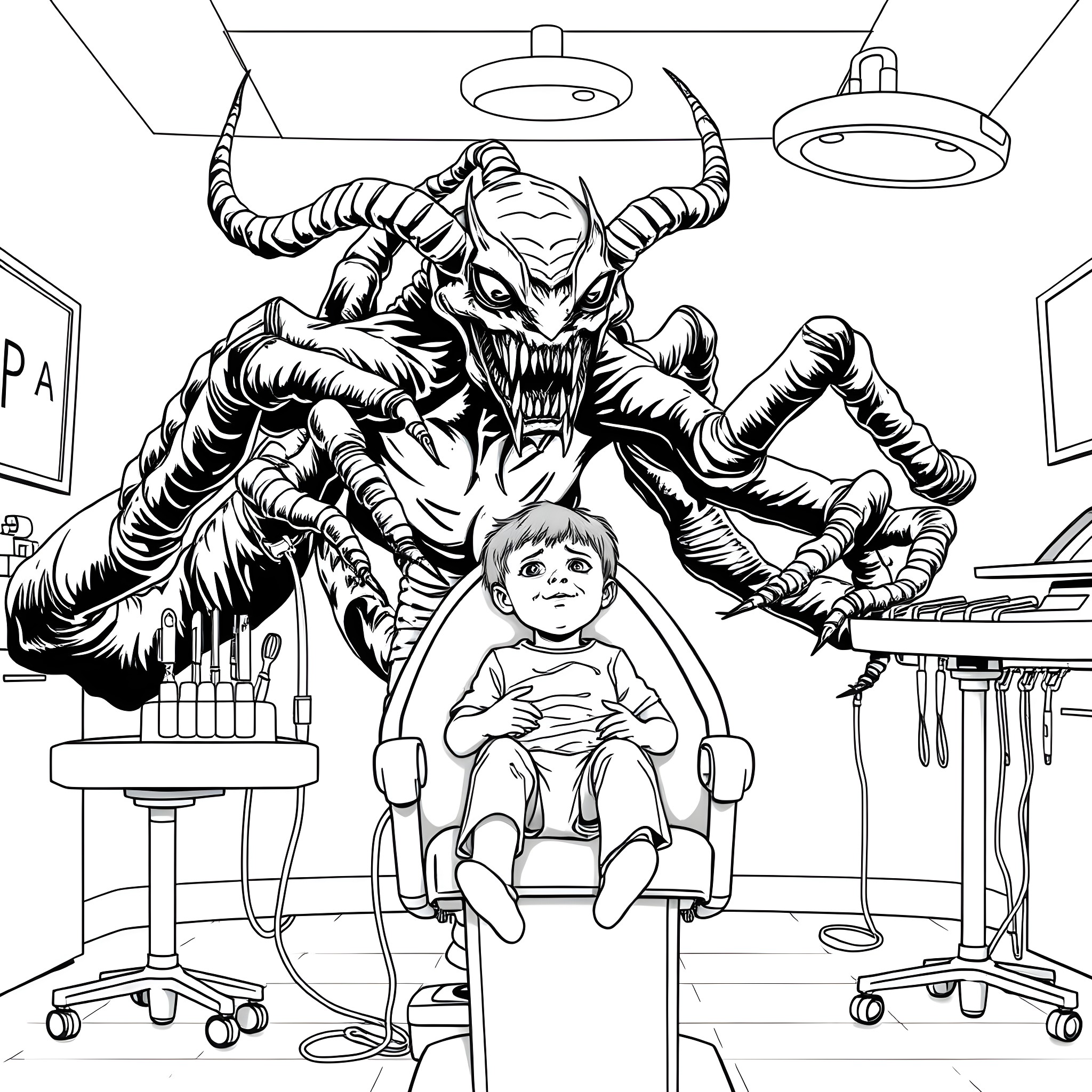 Spider Demon Examining a Child in a Medical Office Coloring Page (free black-and-white line drawing printable PDF for all, from beginners to advanced learners, including children, teens, adults, and seniors)