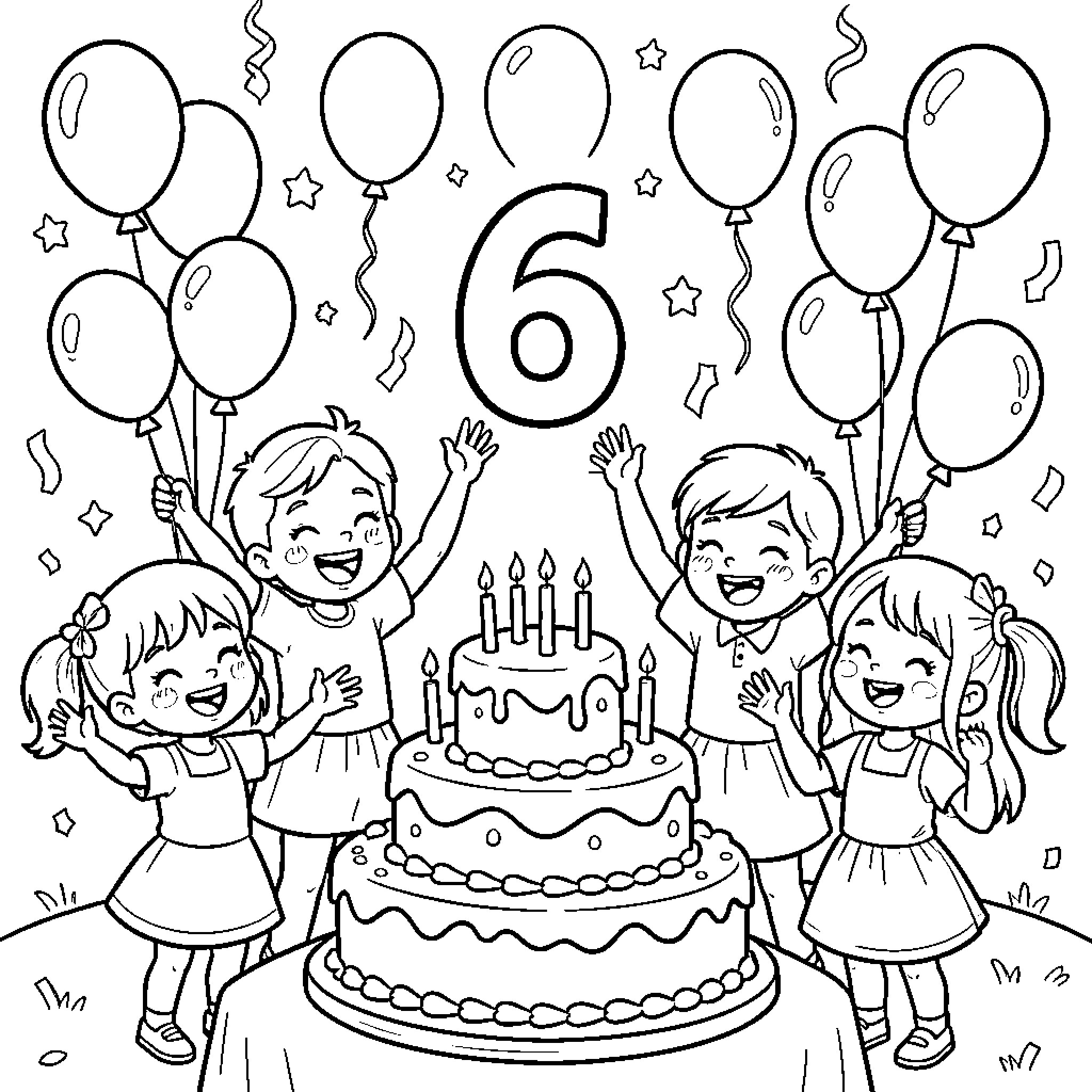 Birthday celebration with kids, cake, and balloons Coloring Page (free black-and-white line drawing printable PDF for all, from beginners to advanced learners, including children, teens, adults, and seniors)
