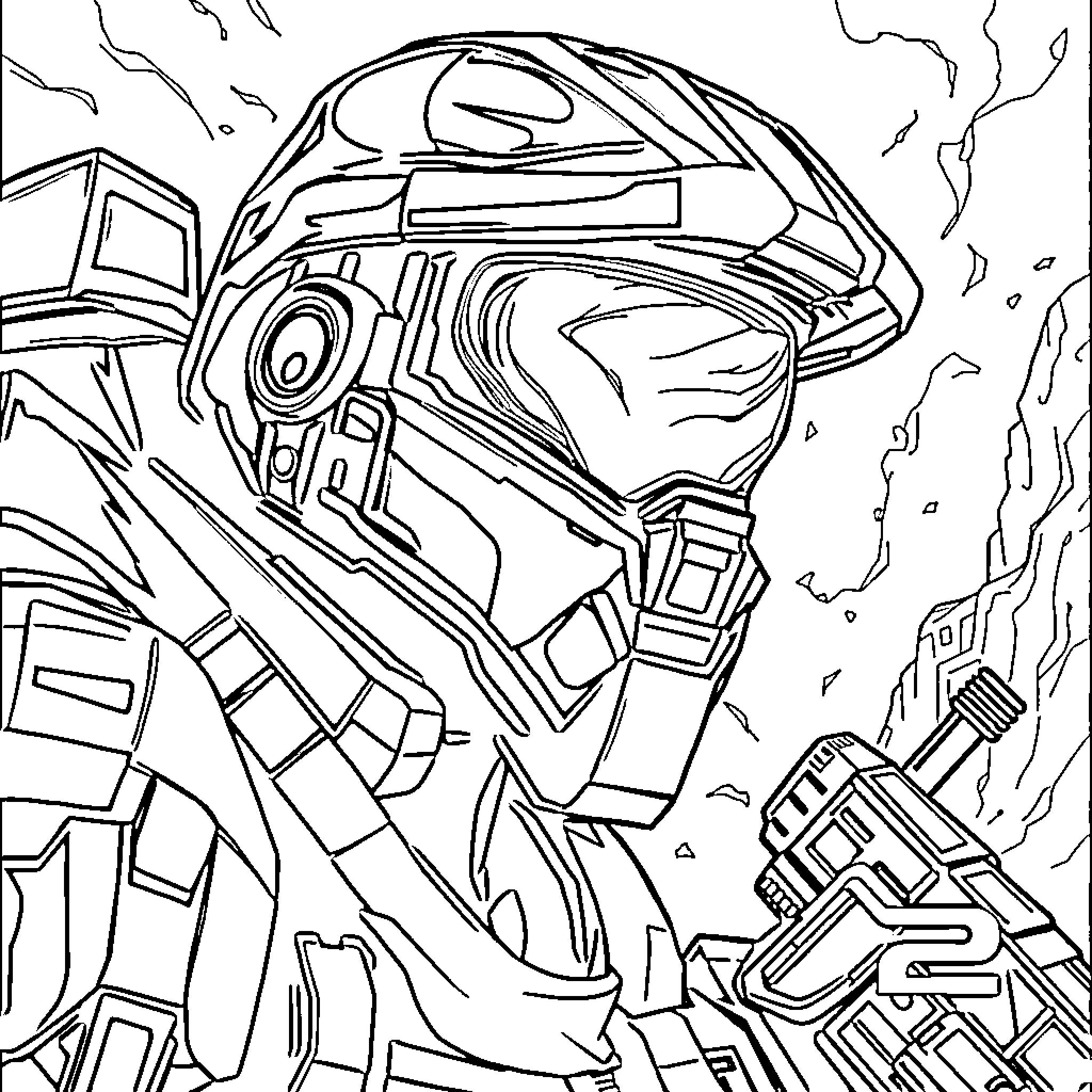 Halo of a powerful futuristic armored warrior Coloring Page (free black-and-white line drawing printable PDF for all, from beginners to advanced learners, including children, teens, adults, and seniors)