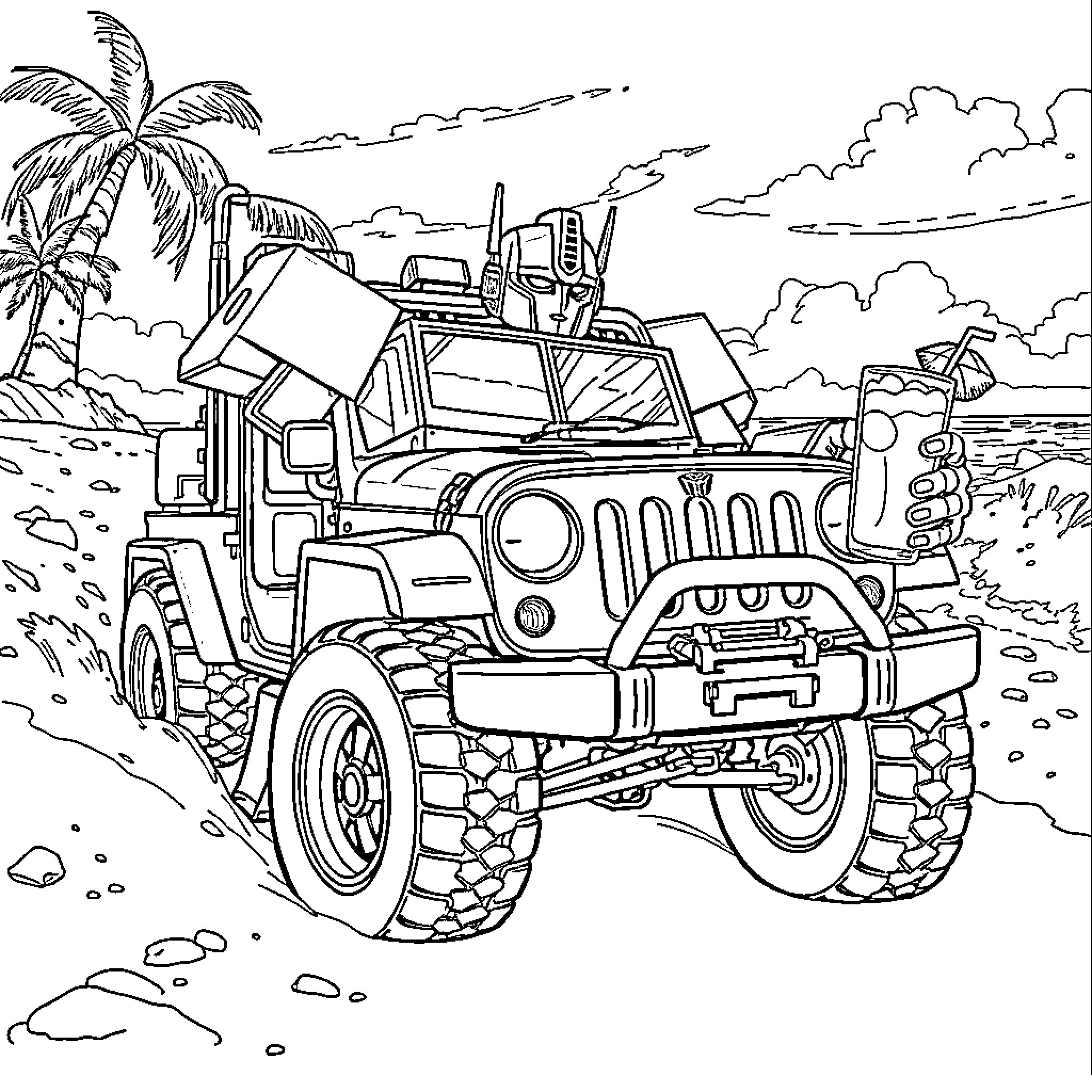 Optimus Prime's Rugged Adventure on the Beach Coloring Page (free black-and-white line drawing printable PDF for all, from beginners to advanced learners, including children, teens, adults, and seniors)