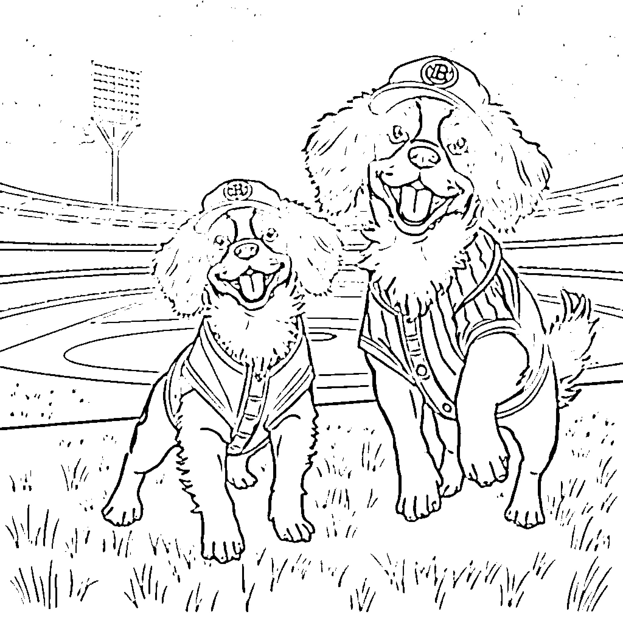 Cavalier King Charles Spaniels playing in a field Coloring Page (free black-and-white line drawing printable PDF for all, from beginners to advanced learners, including children, teens, adults, and seniors)