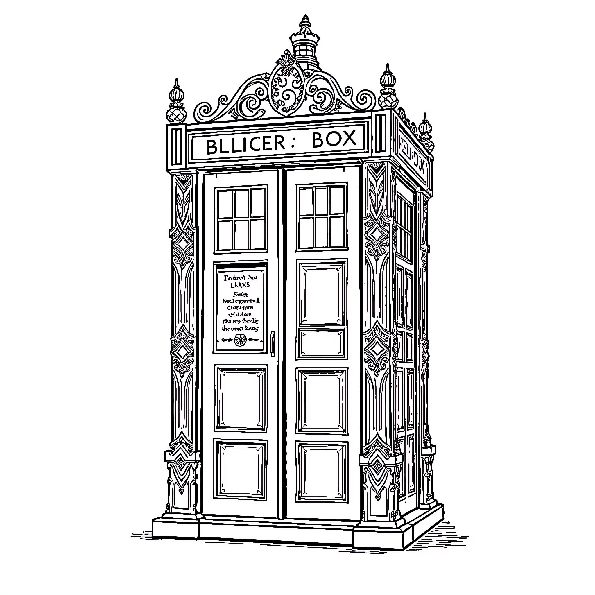 TARDIS with intricate ornamental design Coloring Page (free black-and-white line drawing printable PDF for all, from beginners to advanced learners, including children, teens, adults, and seniors)