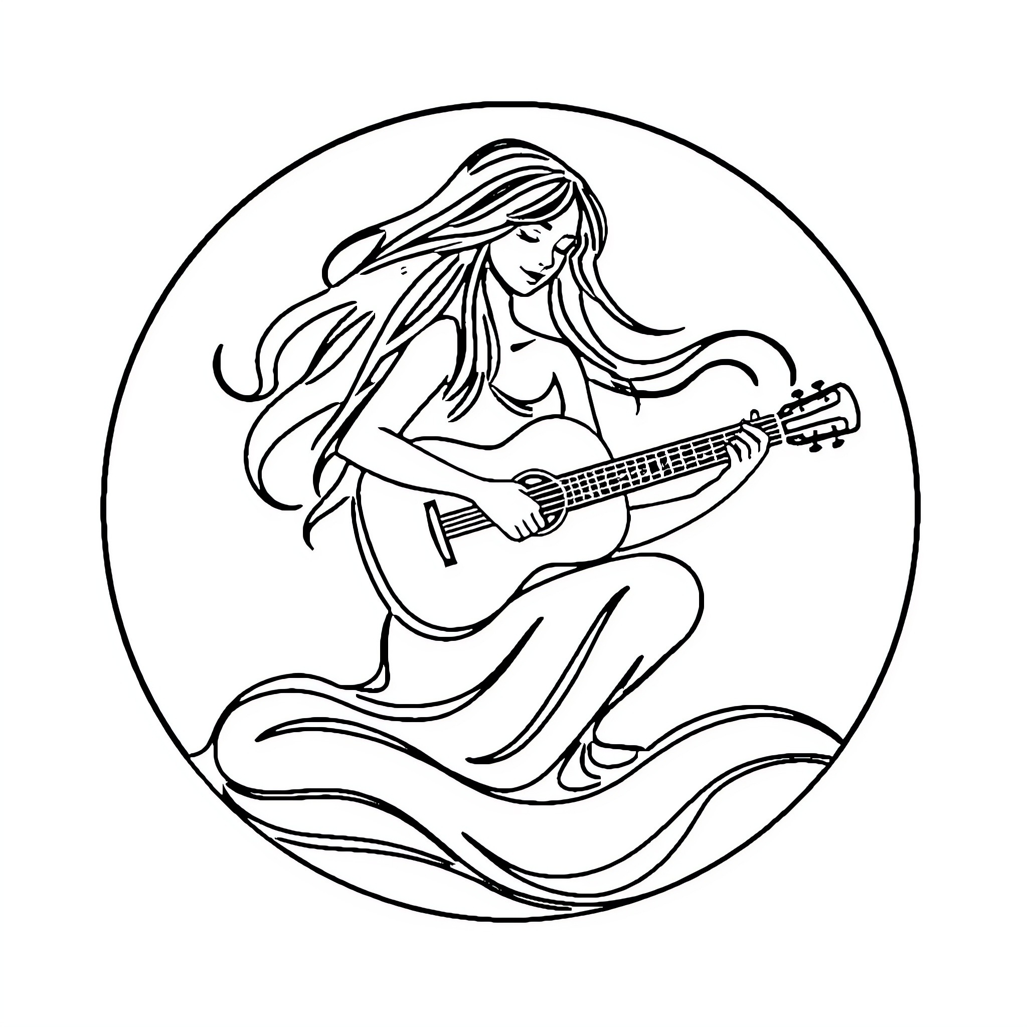 Musician with Flowing Hair Playing Guitar Coloring Page (free black-and-white line drawing printable PDF for all, from beginners to advanced learners, including children, teens, adults, and seniors)