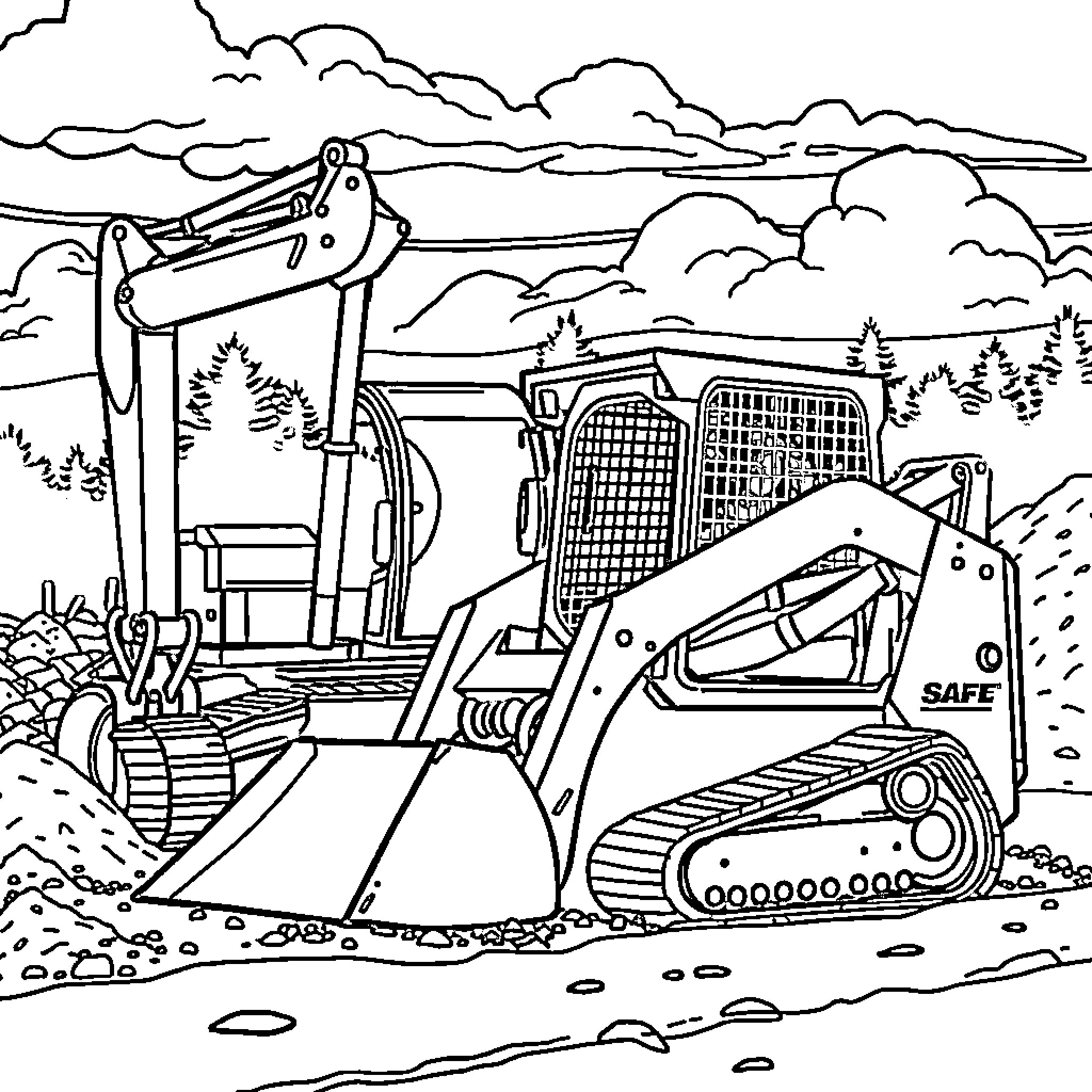 Excavator working in a construction site Coloring Page (free black-and-white line drawing printable PDF for all, from beginners to advanced learners, including children, teens, adults, and seniors)