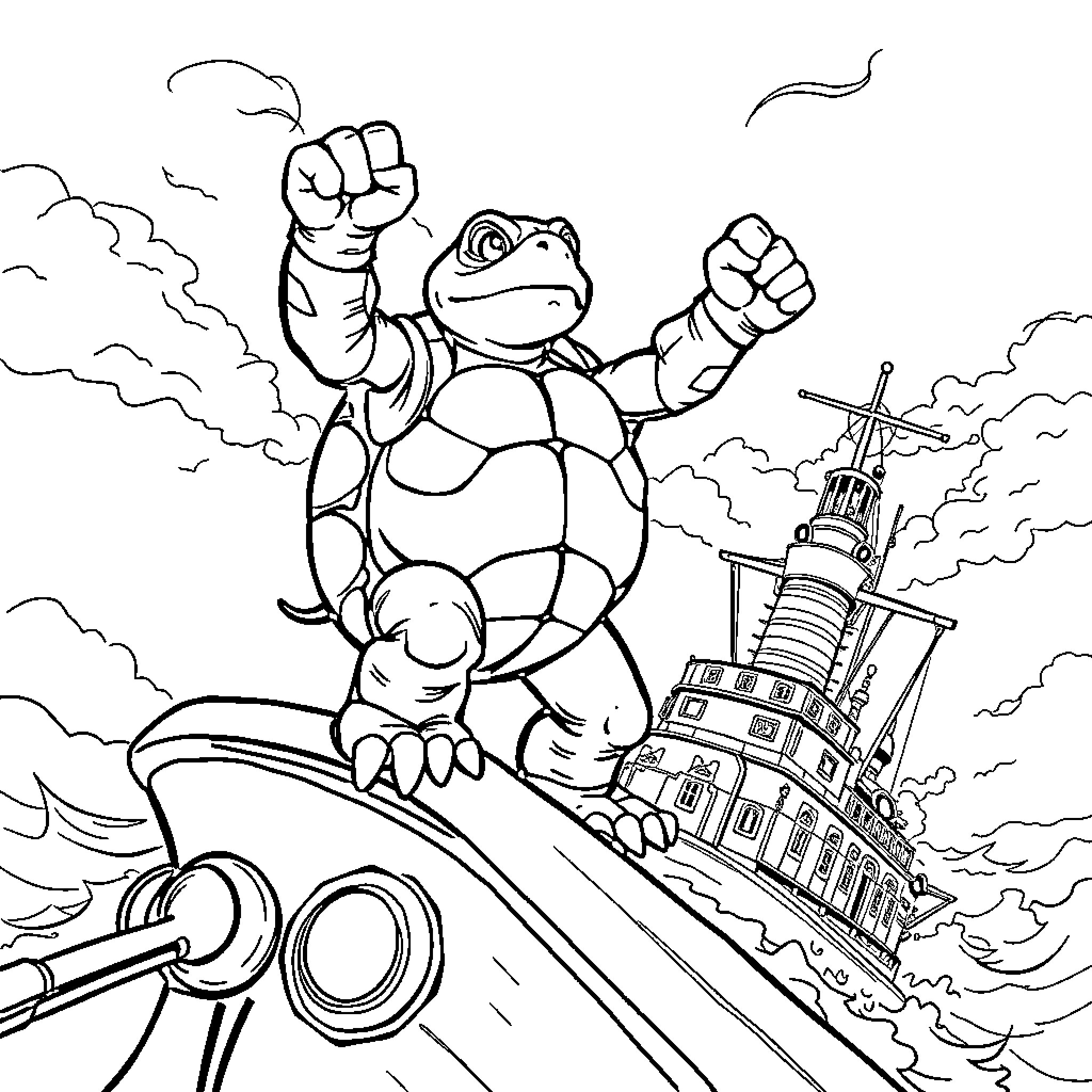 Turtle heroically battles against a sinking ship Coloring Page (free black-and-white line drawing printable PDF for all, from beginners to advanced learners, including children, teens, adults, and seniors)
