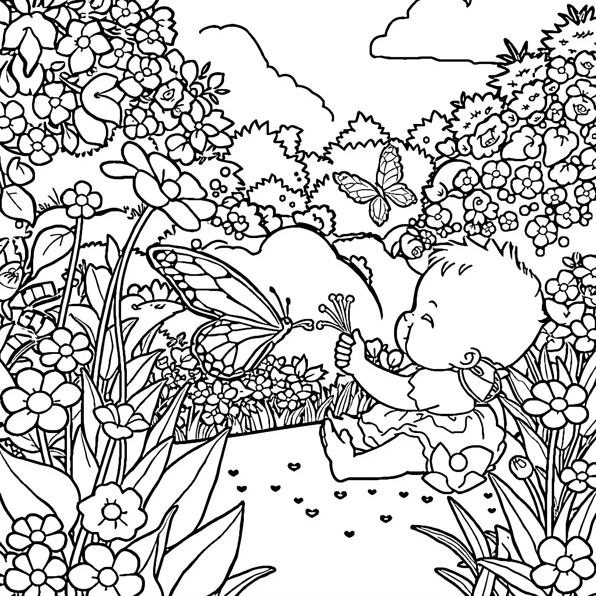 Baby playing happily in a floral garden Coloring Page (free black-and-white line drawing printable PDF for all, from beginners to advanced learners, including children, teens, adults, and seniors)