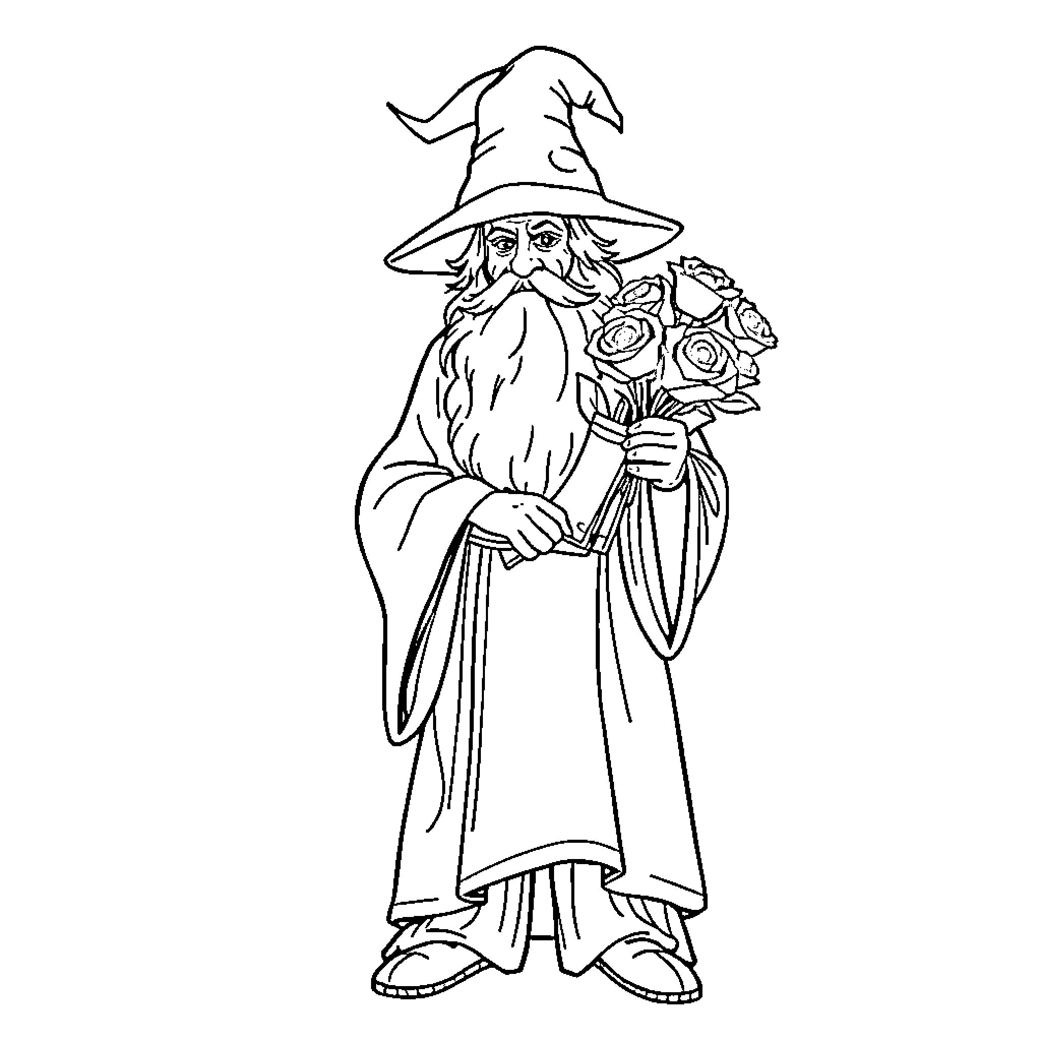 Wizard holding a bouquet of flowers Coloring Page (free black-and-white line drawing printable PDF for all, from beginners to advanced learners, including children, teens, adults, and seniors)