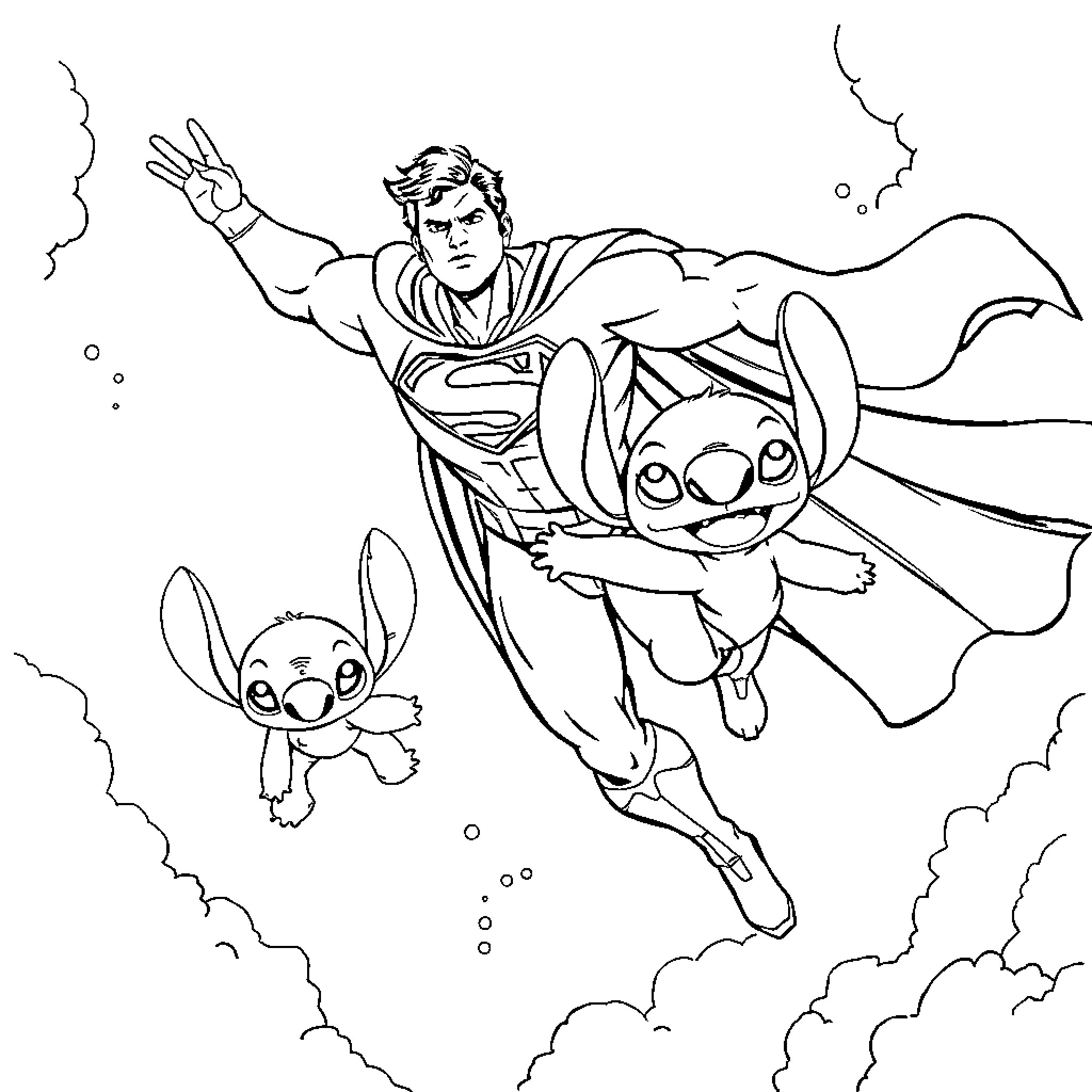 Superman and Stitch soaring through the sky Coloring Page (free black-and-white line drawing printable PDF for all, from beginners to advanced learners, including children, teens, adults, and seniors)