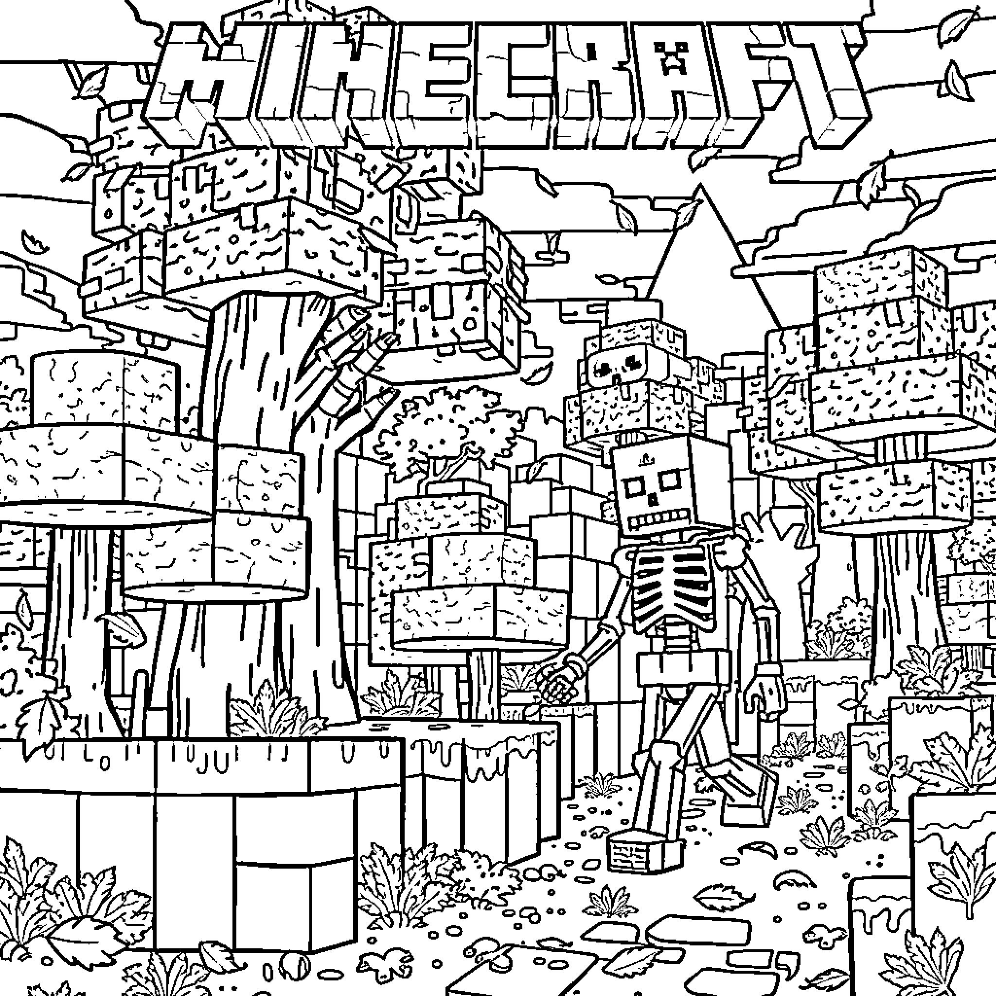 Skeleton mobs exploring the blocky terrain Coloring Page (free black-and-white line drawing printable PDF for all, from beginners to advanced learners, including children, teens, adults, and seniors)