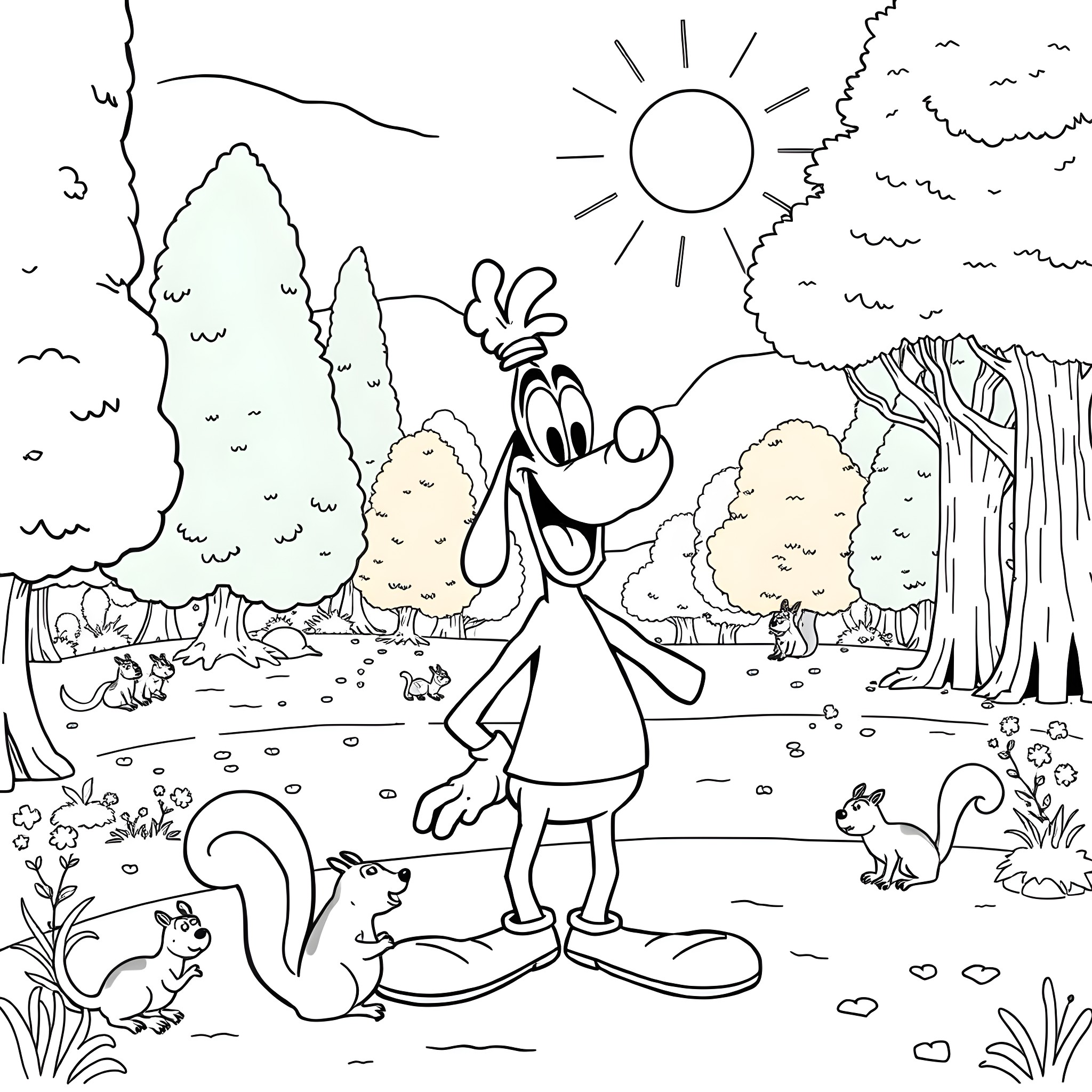 Goofy character exploring a whimsical forest landscape Coloring Page (free black-and-white line drawing printable PDF for all, from beginners to advanced learners, including children, teens, adults, and seniors)