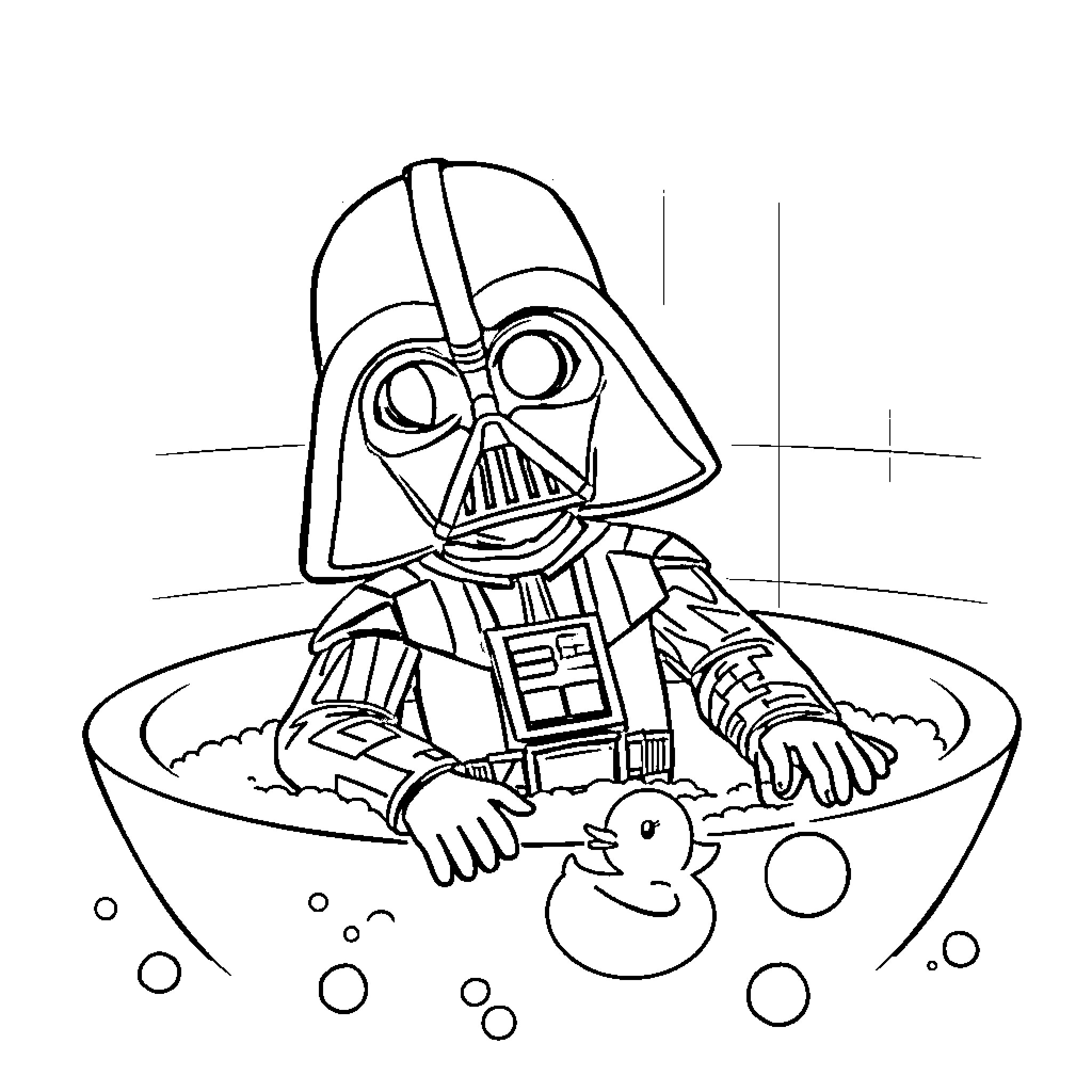 Darth Vader relaxing in bubble bath with rubber ducky Coloring Page (free black-and-white line drawing printable PDF for all, from beginners to advanced learners, including children, teens, adults, and seniors)