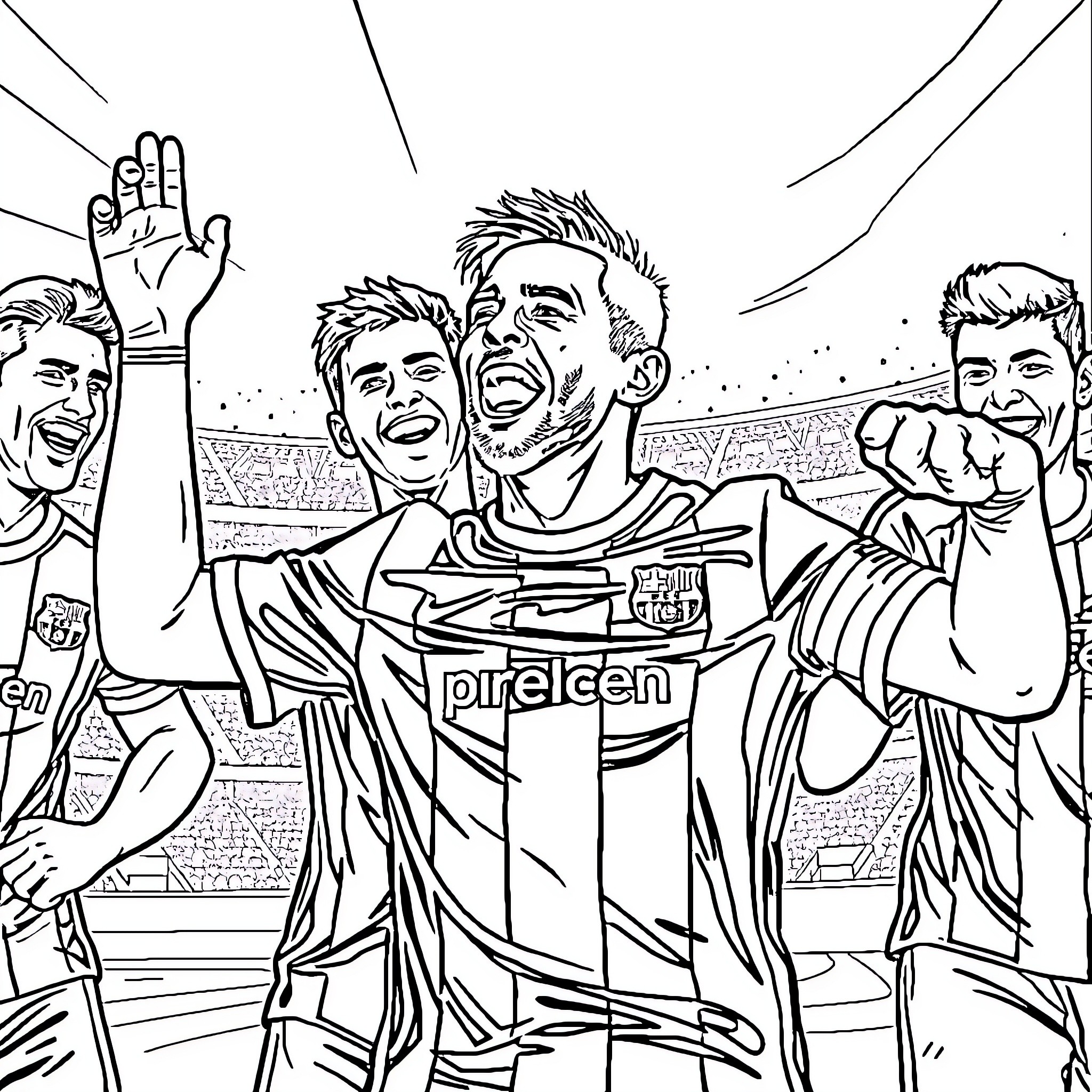 Jugadores celebrando una victoria en el campo de fútbol Coloring Page (free black-and-white line drawing printable PDF for all, from beginners to advanced learners, including children, teens, adults, and seniors)