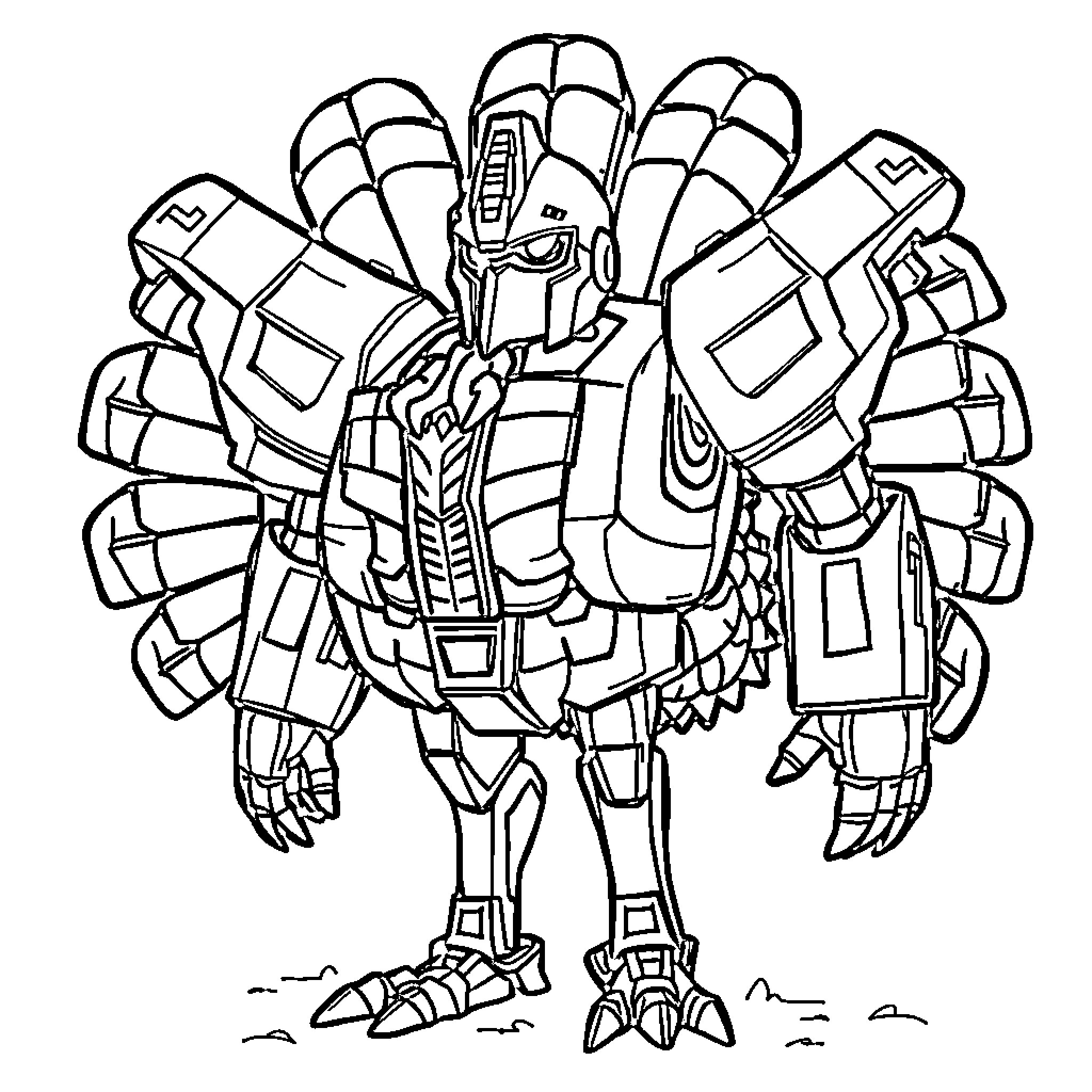 Turkey-themed robot in unique mechanical design Coloring Page (free black-and-white line drawing printable PDF for all, from beginners to advanced learners, including children, teens, adults, and seniors)