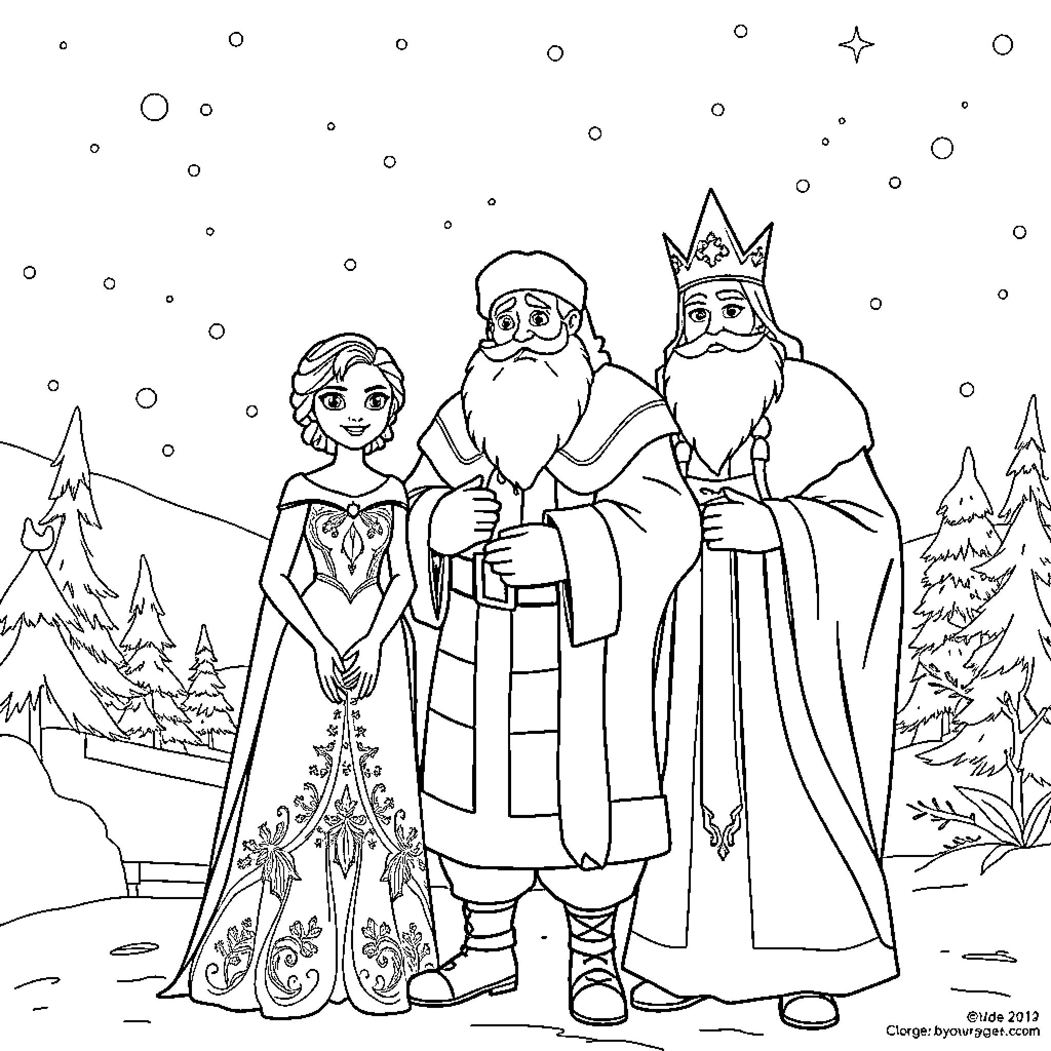 Elsa and the Wise Winter Spirits Coloring Page (free black-and-white line drawing printable PDF for all, from beginners to advanced learners, including children, teens, adults, and seniors)