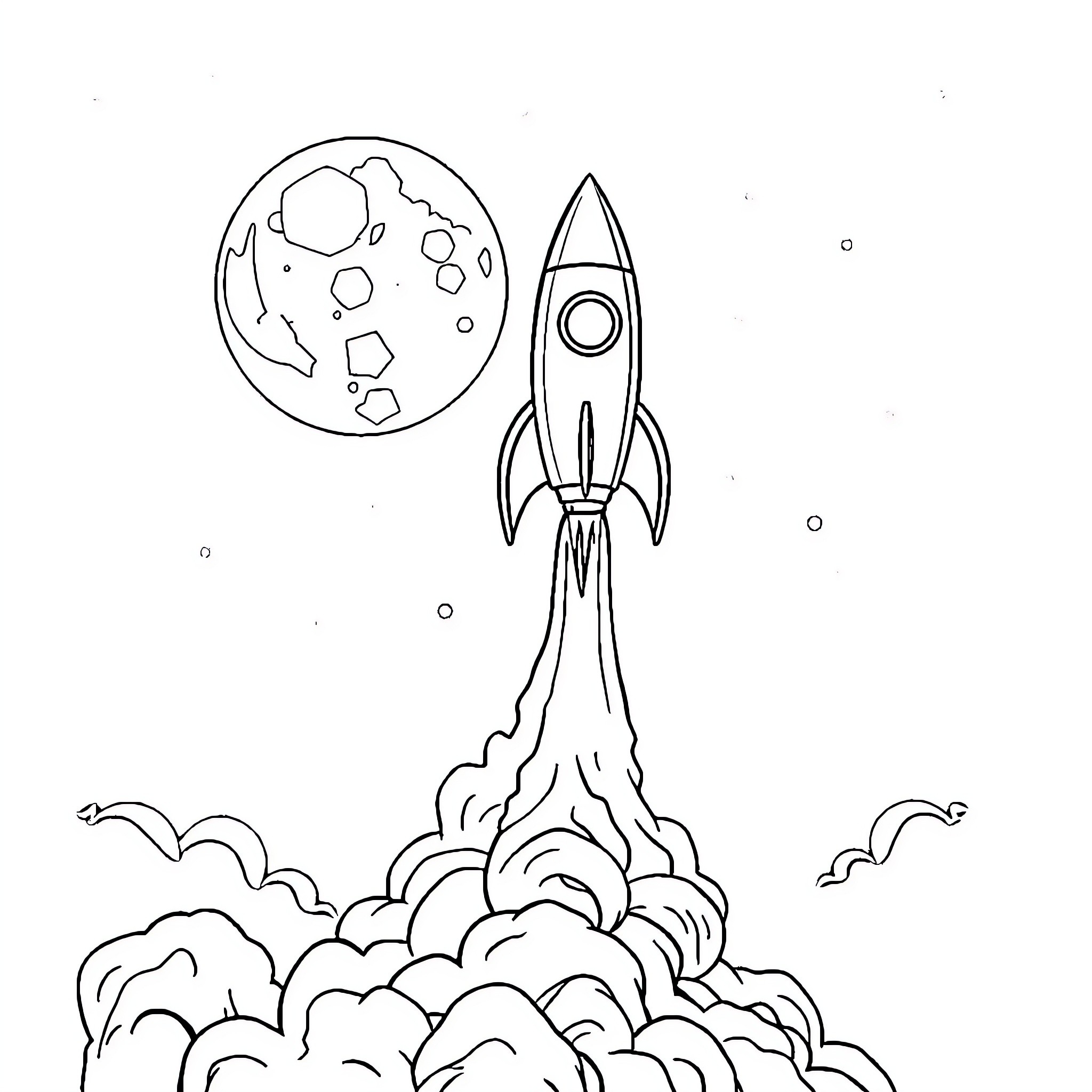 Rocket launching into space with moon in background Coloring Page (free black-and-white line drawing printable PDF for all, from beginners to advanced learners, including children, teens, adults, and seniors)
